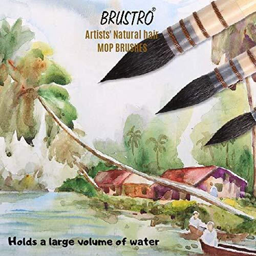 BRUSTRO Artist's Natural Hair MOP Brush | Set of 4 - (0, 2, 4, 8) | Ideal for Watercolor, Blend, Round Paint Brush, Art Painting, Colour, Gouache, Wooden Handle, Professional and Students