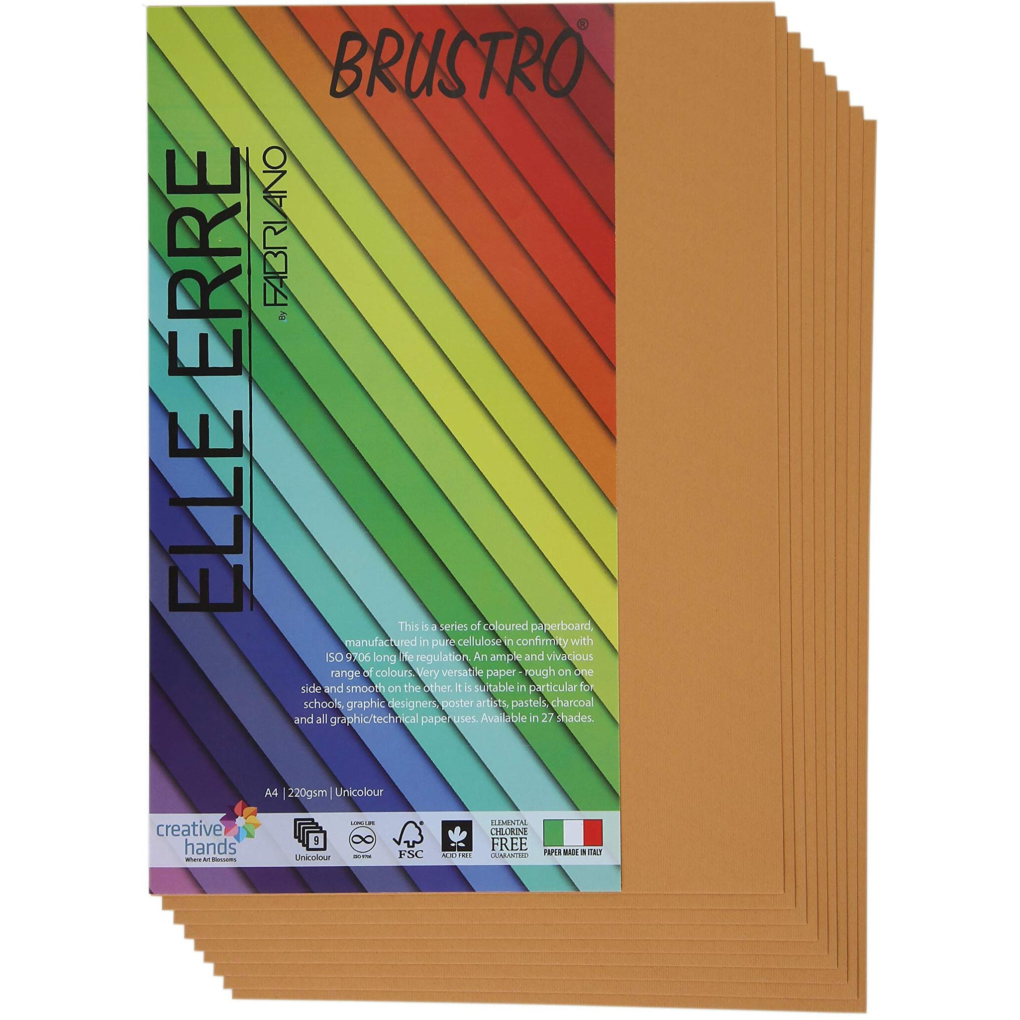 BRUSTRO Elle Erre Coloured Card Stock Craft Paper A4 Size 220 GSM Avana Colour, Pack of 9 Sheets. Reddish Light Brown Shade