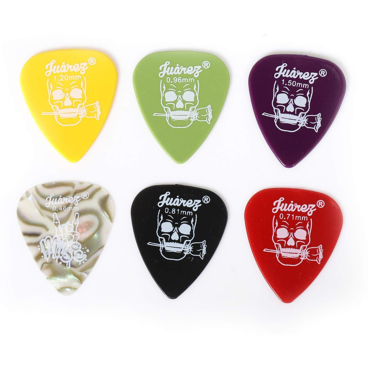 JUAREZ JAP60 Guitar Plectrums Pick Set of Various Thickness, 6 Pieces (Celluloid + ABS), Colours Random