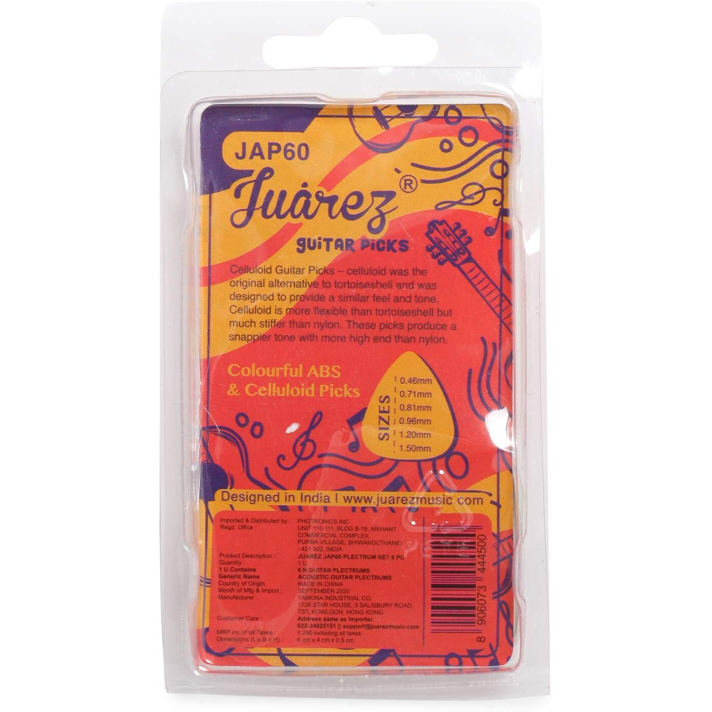 JUAREZ JAP60 Guitar Plectrums Pick Set of Various Thickness, 6 Pieces (Celluloid + ABS), Colours Random