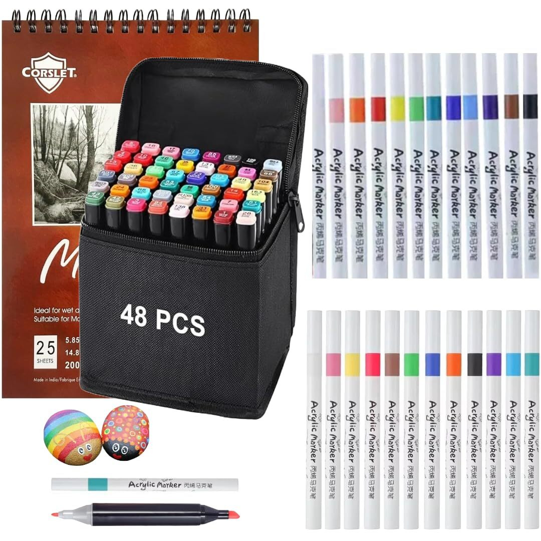 Corslet 73 Pcs Markers for Drawing Art Set 48pcs Alcohol Markers Set 24pcs Acrylic Markers Set Drawing Markers Sketch Pen Set for Kids Marker Colour Set for Drawing Sketching with 200gsm Marker Pad