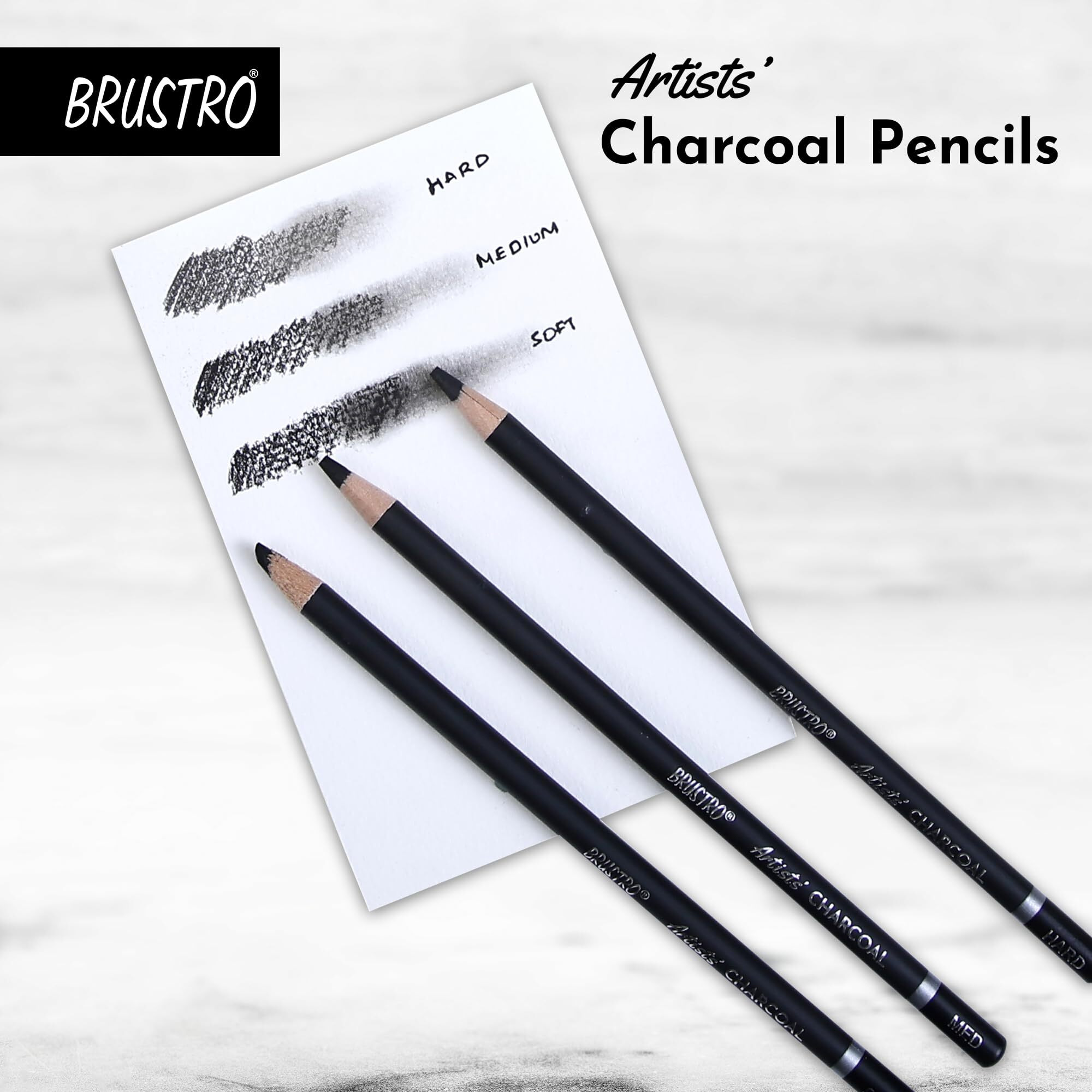BRUSTRO Artists Charcoal Pencil - Set of 4 (3 Black Shade - Soft, Medium, Hard and 1 White - Medium) | Ideal for Drawing, Shading, Coloring, Sketching, Artwork, Portrait, Landscape, Smooth Blending