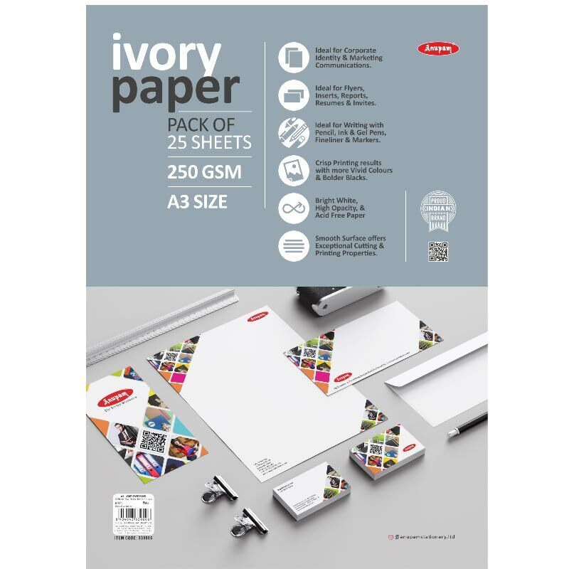 Anupam Ivory Paper - Acid Free - 25 Loose Sheets - 250 Gsm - A3 - Art,Craft, Painting And Project Work