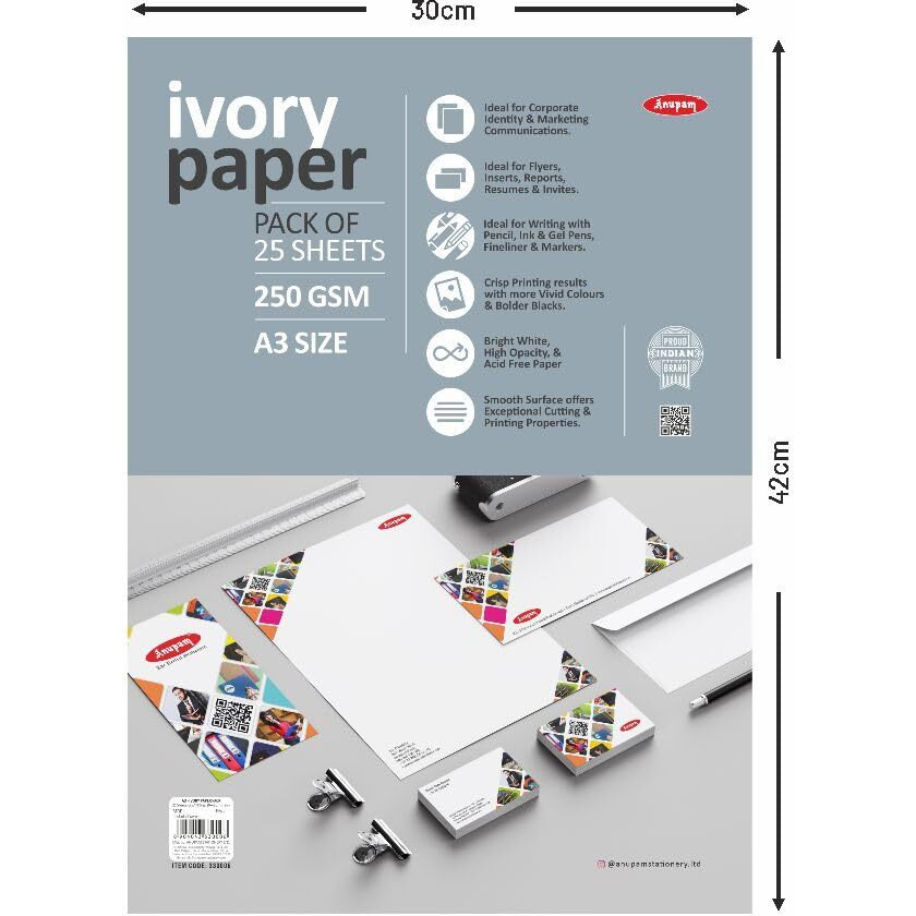 Anupam Ivory Paper - Acid Free - 25 Loose Sheets - 250 Gsm - A3 - Art,Craft, Painting And Project Work