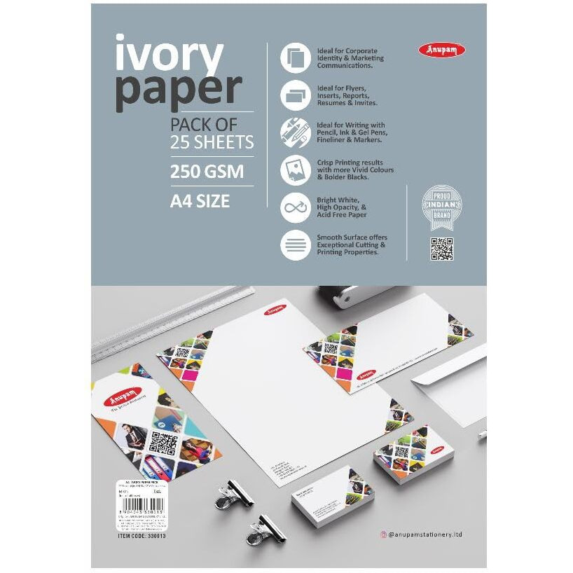 Anupam Ivory Paper - Acid Free - 25 Loose Sheets - 250 Gsm - A4 - Art,Craft, Painting And Project Work