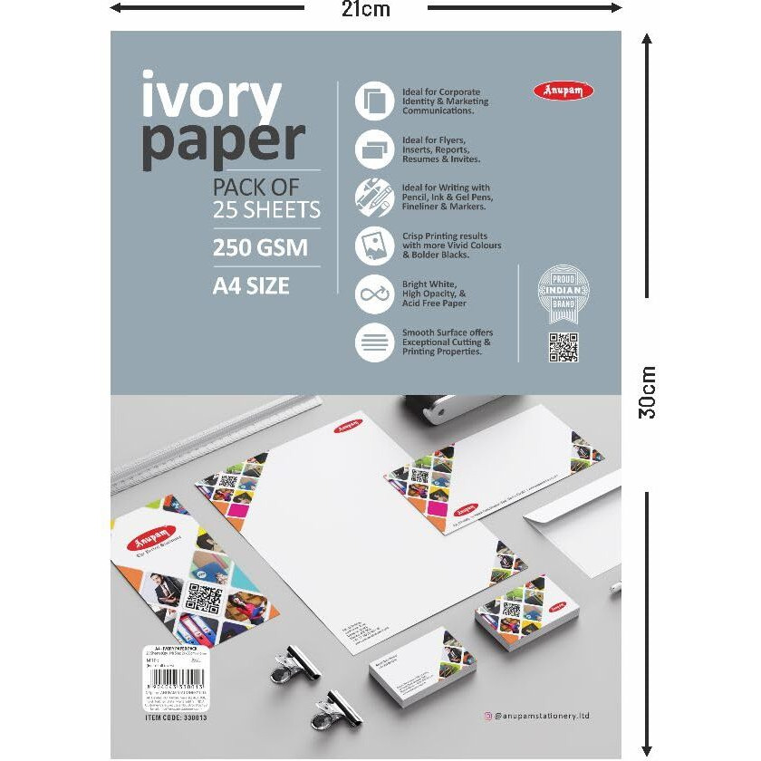 Anupam Ivory Paper - Acid Free - 25 Loose Sheets - 250 Gsm - A4 - Art,Craft, Painting And Project Work