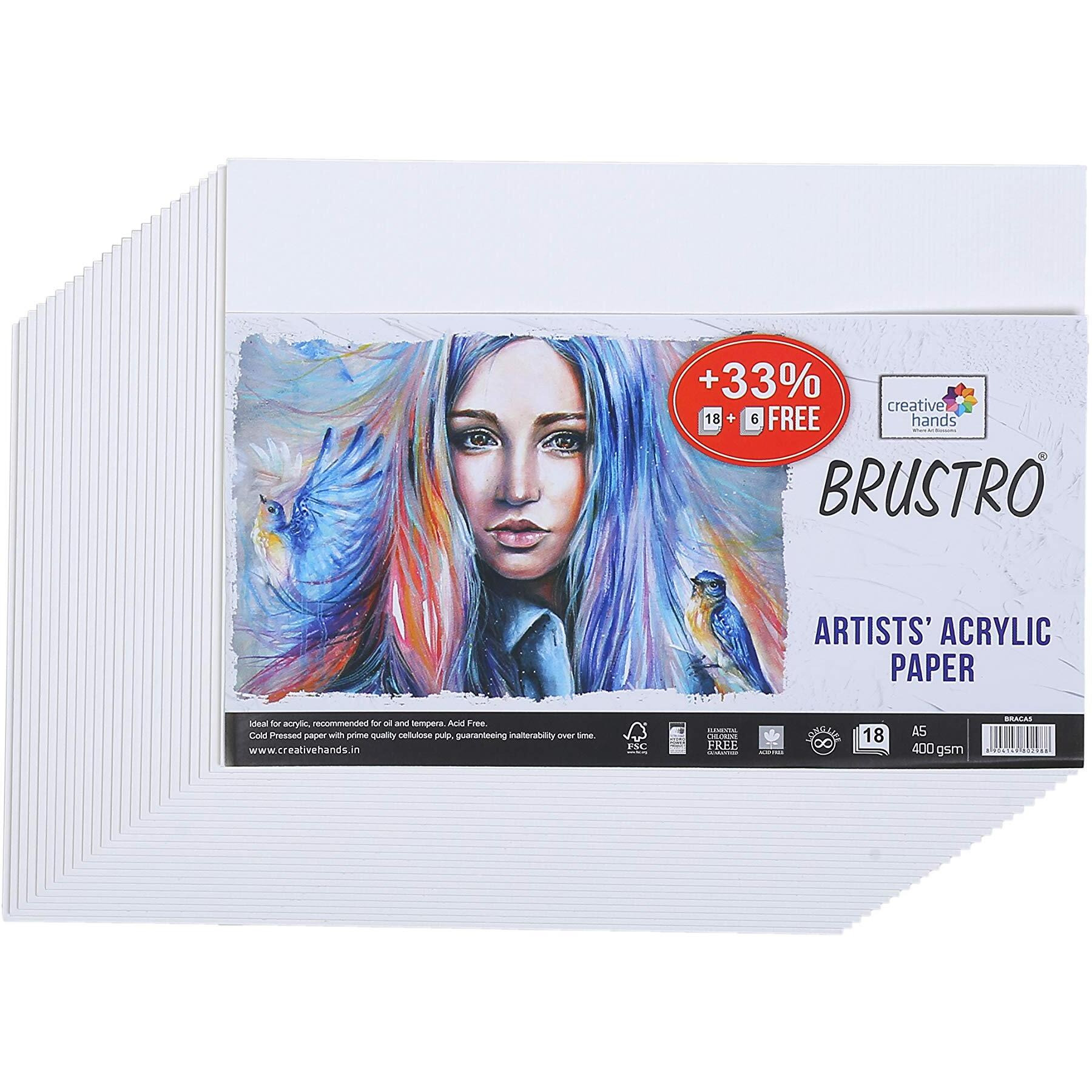 Brustro Artists Acrylic Papers 400 Gsm A5, (Contains 18 + 6 Free Sheets), Acid Free, Ideal For Acrylic Painting. Also Suitable For Oil & Tempera