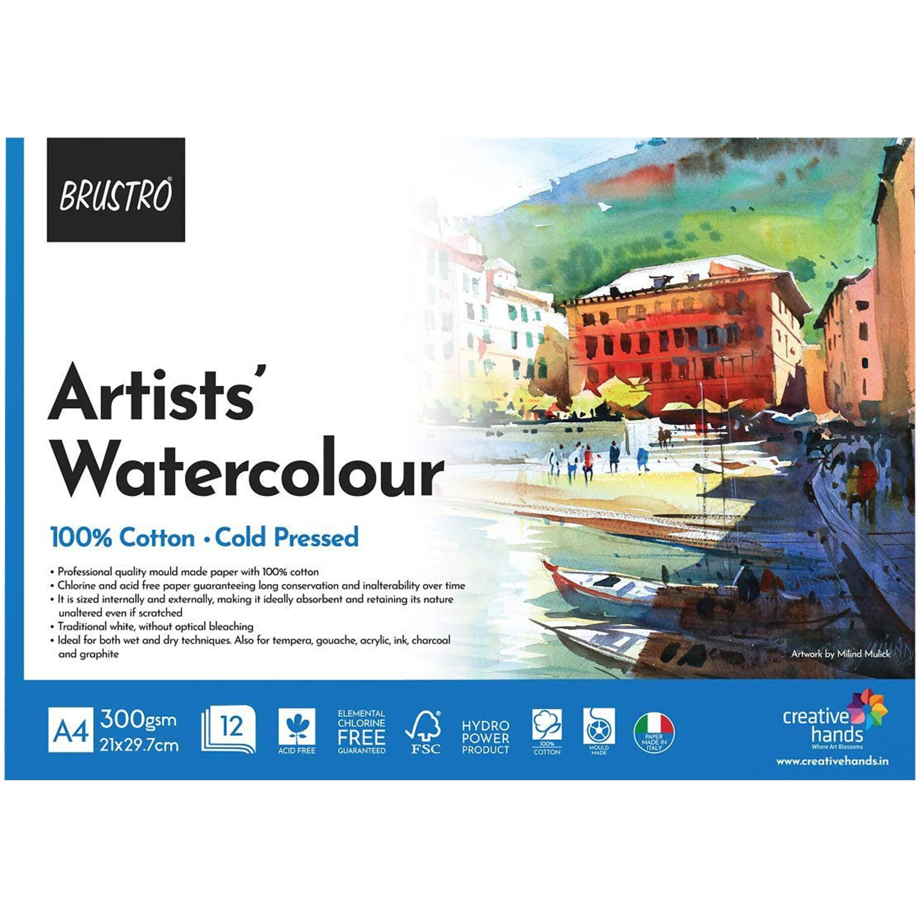 Brustro Artist 100% Cotton Watercolour Paper Pad Cold Pressed 300 Gsm A4-12 Sheets | Ideal For Professional Drawing, Painting, Dry & Wet, Fine Art Students