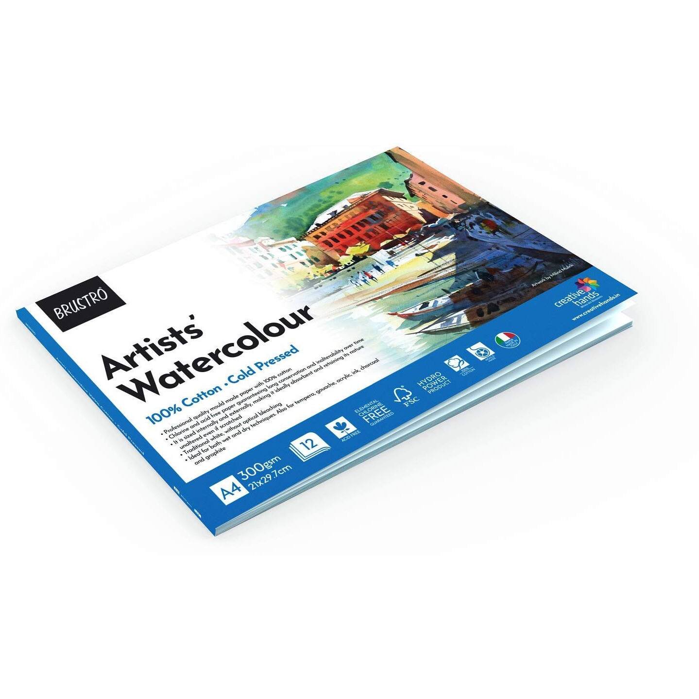 Brustro Artist 100% Cotton Watercolour Paper Pad Cold Pressed 300 Gsm A4-12 Sheets | Ideal For Professional Drawing, Painting, Dry & Wet, Fine Art Students