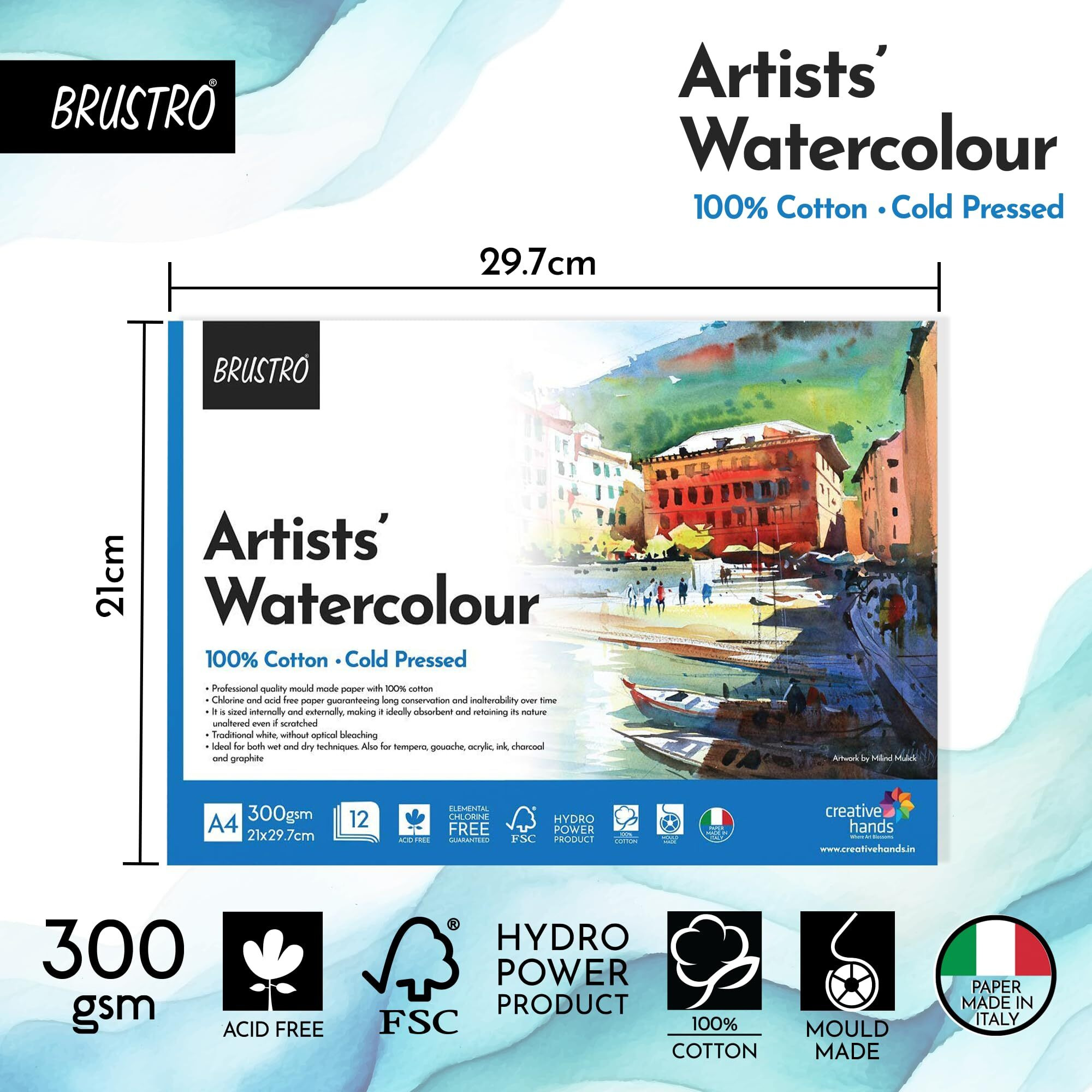 Brustro Artist 100% Cotton Watercolour Paper Pad Cold Pressed 300 Gsm A4-12 Sheets | Ideal For Professional Drawing, Painting, Dry & Wet, Fine Art Students