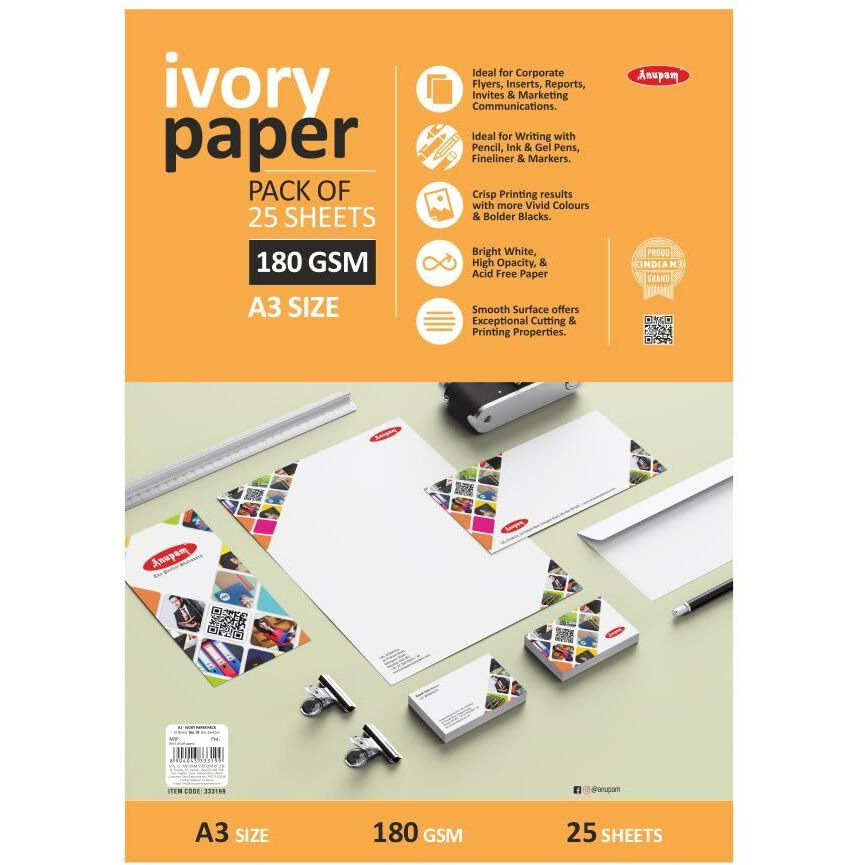Anupam Ivory Paper - Acid Free - 25 Loose Sheets - 180 Gsm - A3 - Art,Craft, Painting And Project Work