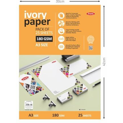 Anupam Ivory Paper - Acid Free - 25 Loose Sheets - 180 Gsm - A3 - Art,Craft, Painting And Project Work