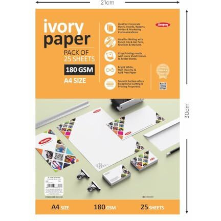 Anupam Ivory Paper - Acid Free - 25 Loose Sheets - 180 Gsm - A4 - Art,Craft, Painting And Project Work