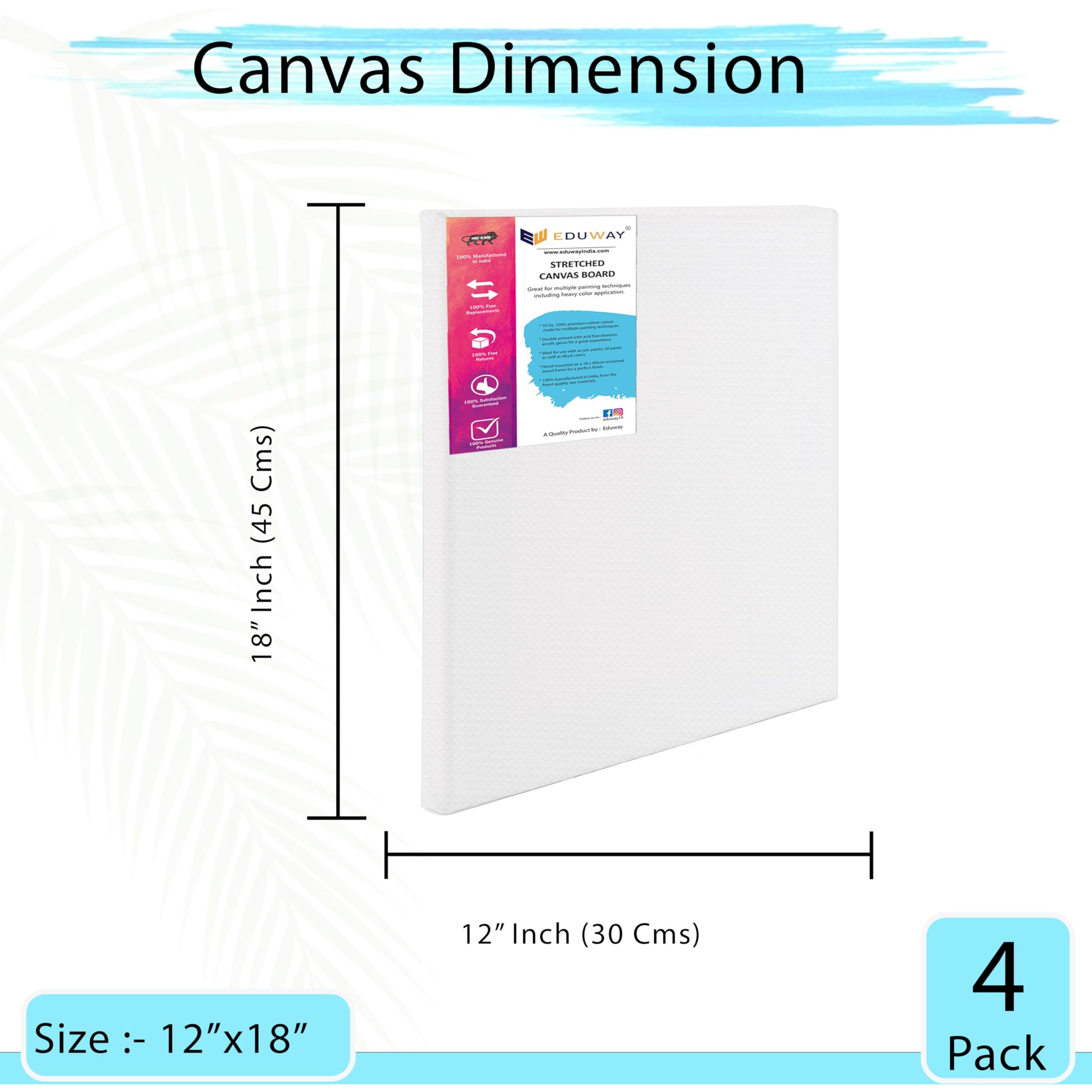 Eduway 12X18 Inches Pre Stretched Medium Grain 7Oz Primed Cotton Painting Canvas With Wooden Frame For Beginners & Artist | Suitable With Acrylic, Oil, Water Colours- (Set Of 4)