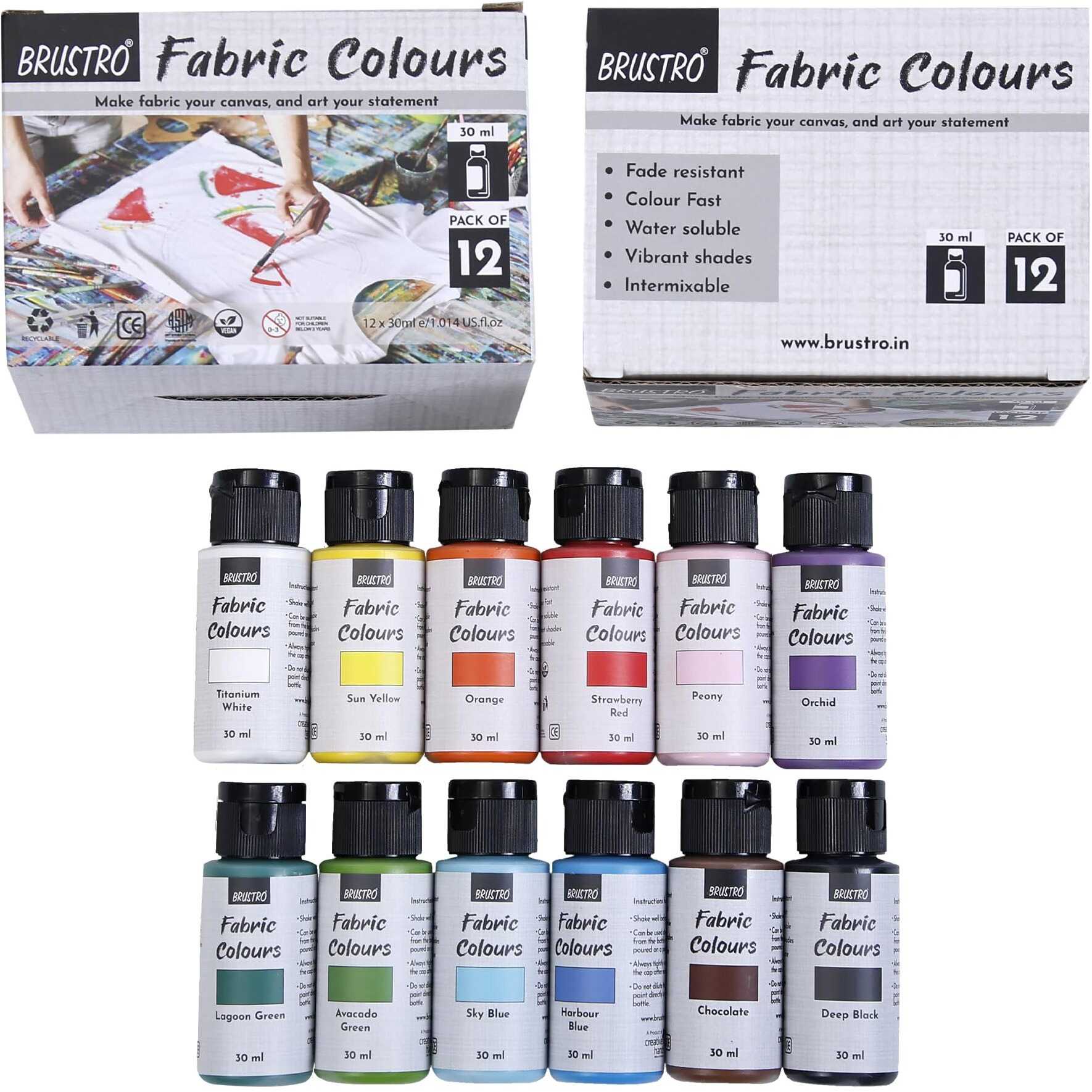 Brustro Artists Fabric Colours - Set Of 12, 30Ml Bottles | High Pigmented Color, Fade Resistent, Intermixable, Permanent, Ideal To Paint On Clothes,Jeans,T-Shirt, Bags,Textile Paint, Diy Fashion
