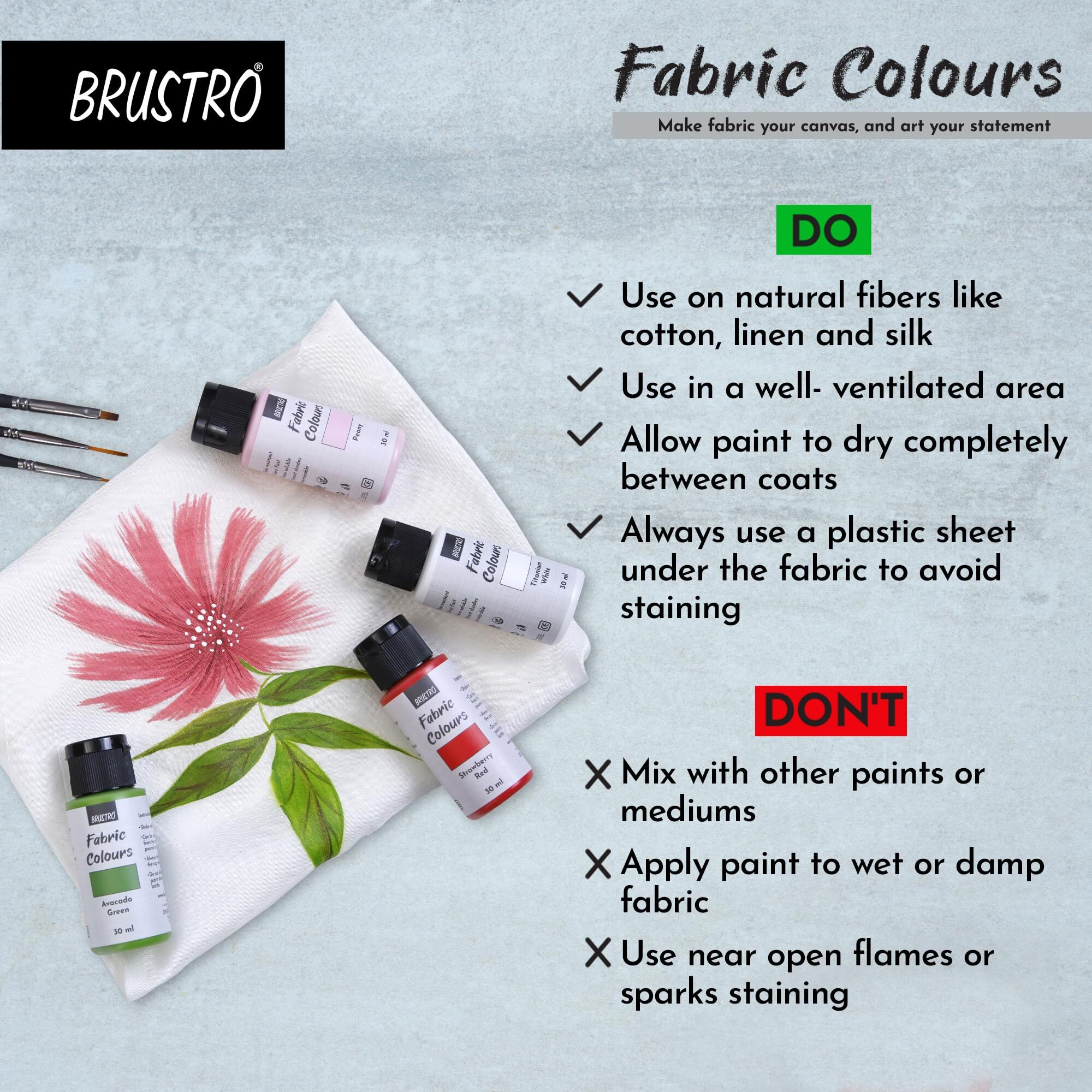 Brustro Artists Fabric Colours - Set Of 12, 30Ml Bottles | High Pigmented Color, Fade Resistent, Intermixable, Permanent, Ideal To Paint On Clothes,Jeans,T-Shirt, Bags,Textile Paint, Diy Fashion