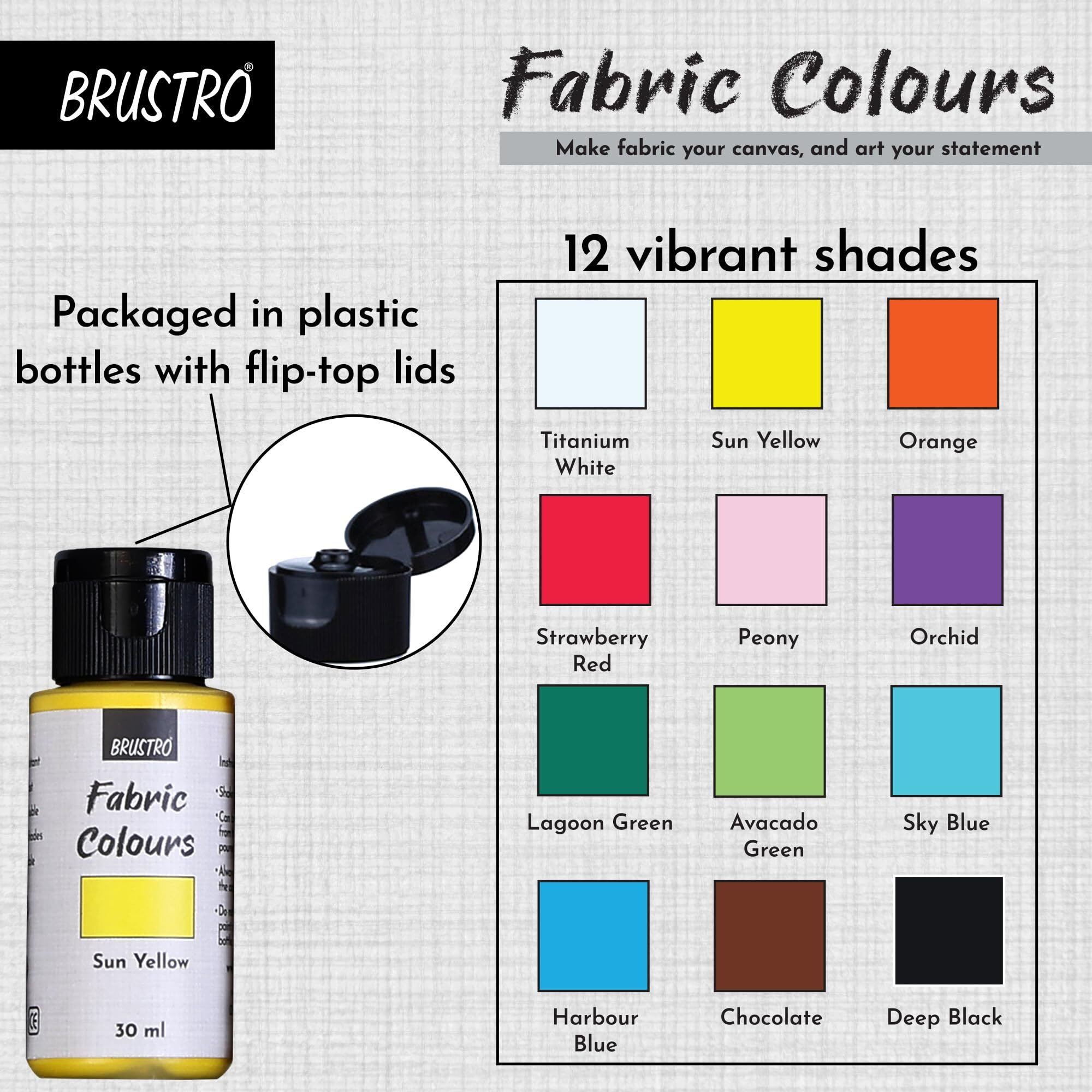 Brustro Artists Fabric Colours - Set Of 12, 30Ml Bottles | High Pigmented Color, Fade Resistent, Intermixable, Permanent, Ideal To Paint On Clothes,Jeans,T-Shirt, Bags,Textile Paint, Diy Fashion
