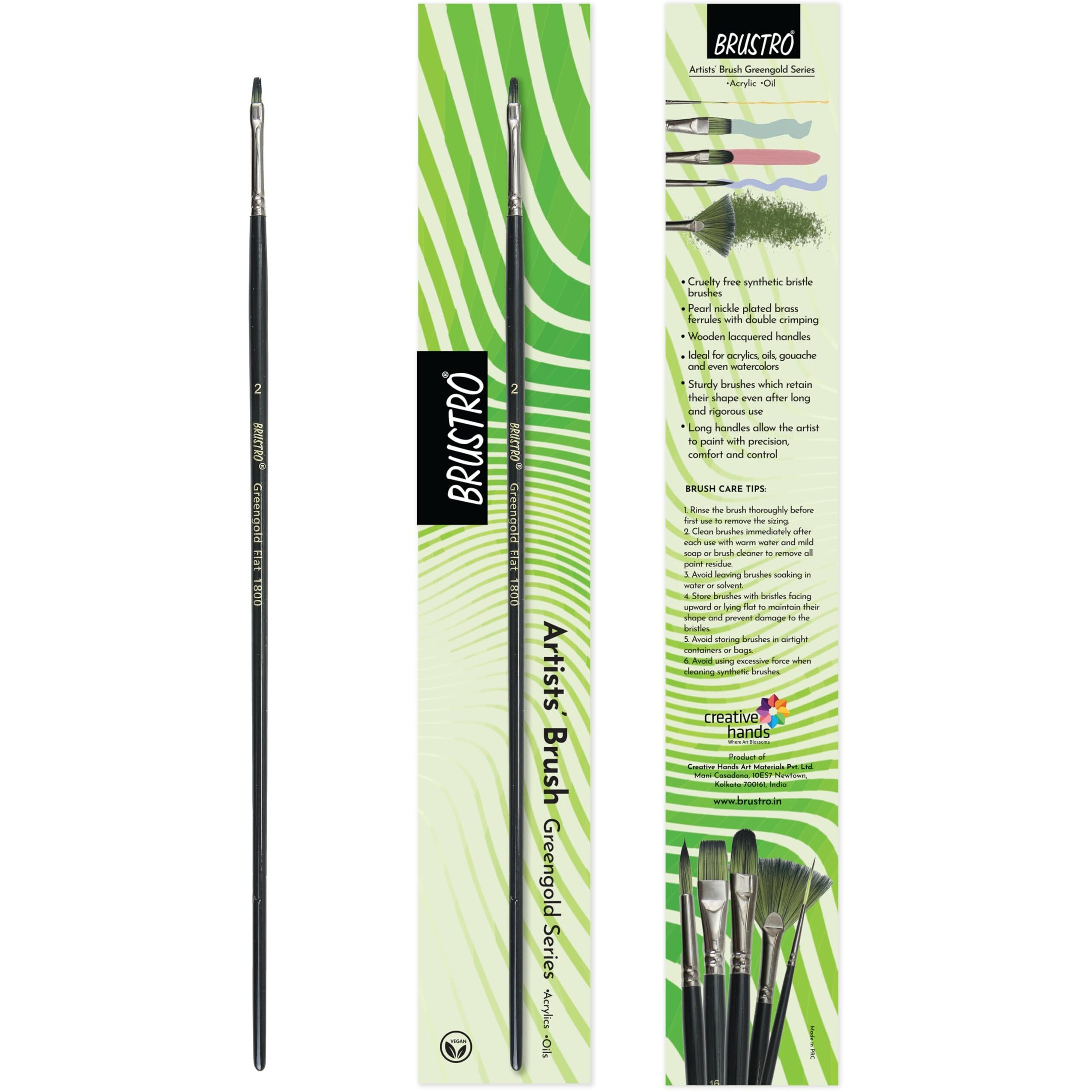 Brustro Artists Greengold Acrylic Brush Flat Series 1800 - Size - 2 | Ideal For Oil, Acrylic Painting On Paper, Canvas, Fine Art Students And Professional.