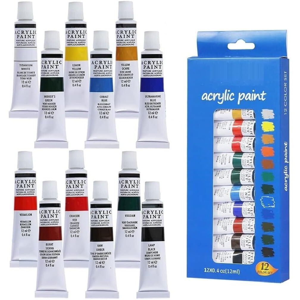 Corslet 12 Pcs Acrylic Paint Tubes Set (12Ml Each) Multi Color Non-Toxic For Canvas Painting Artists Kids Adults Posters