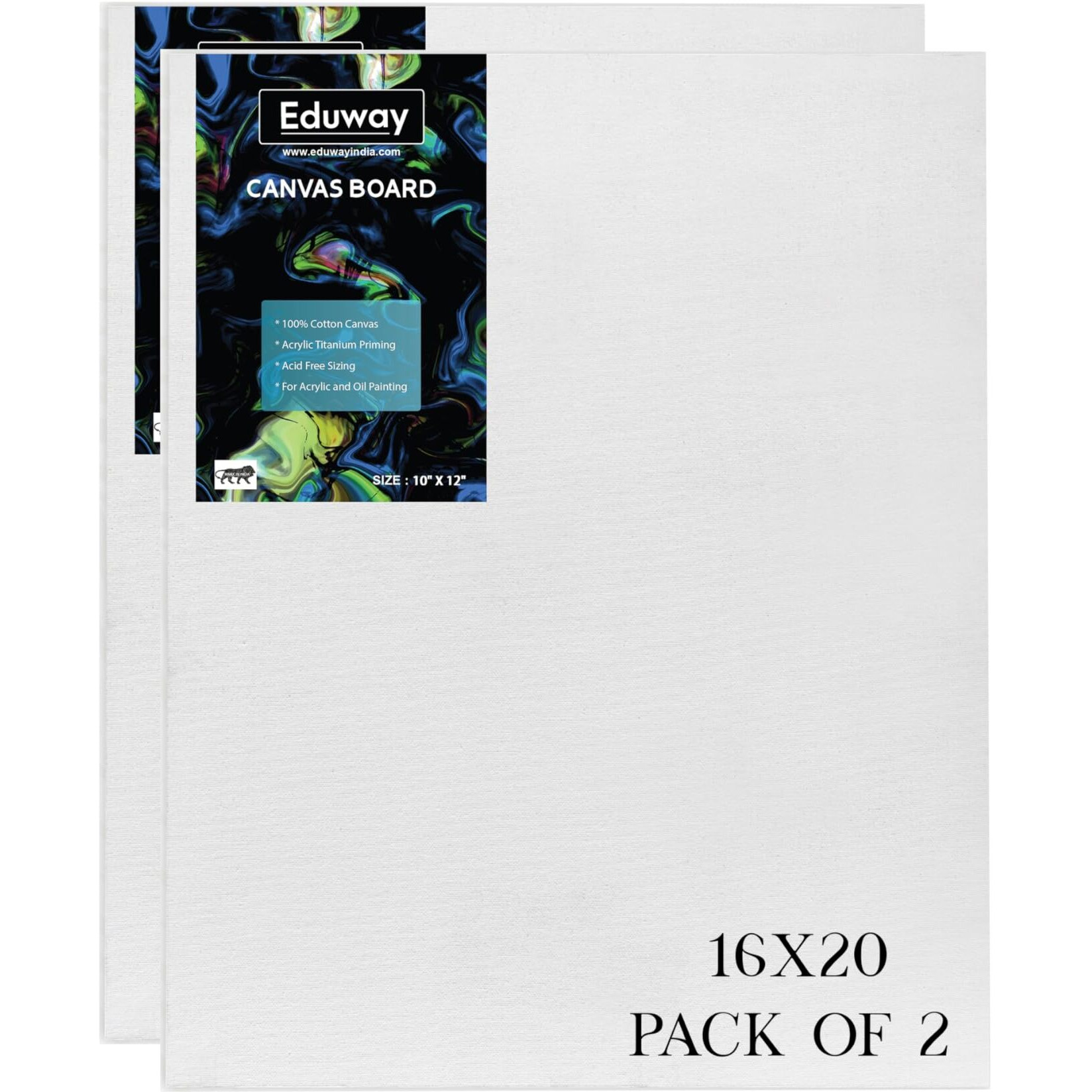 Eduway Canvas Board For Painting- 16X20 Pof 2 | Premium Quality 7Oz Pre-Primed Cotton Canvas Board For Artists & Beginners | Ideal For Acrylic, Oil, Gouache, Pastels Colors (Pack Of 2) (40X50 Cms)