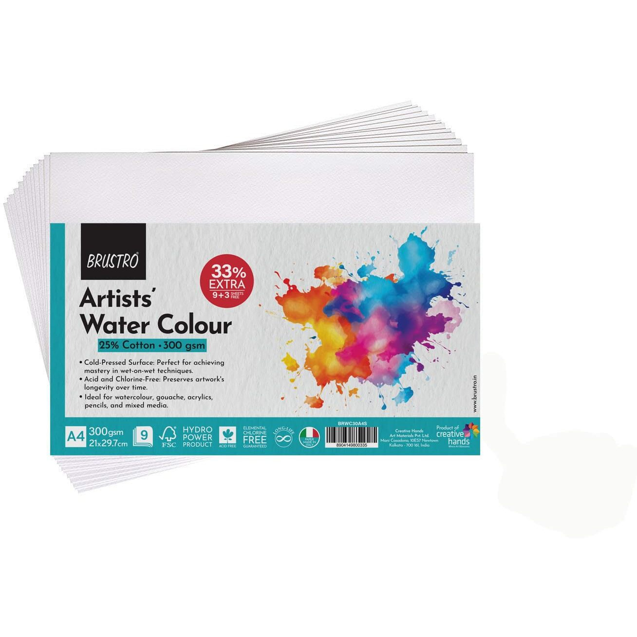 Brustro Artists Watercolour Paper | 300 Gsm, A4, 25% Cotton, Cold Pressed | Pack Of 12 Sheets | Ideal For Artist, Professional Drawing, Painting Dry & Wet, Fine Art, School, Students, Watercolor