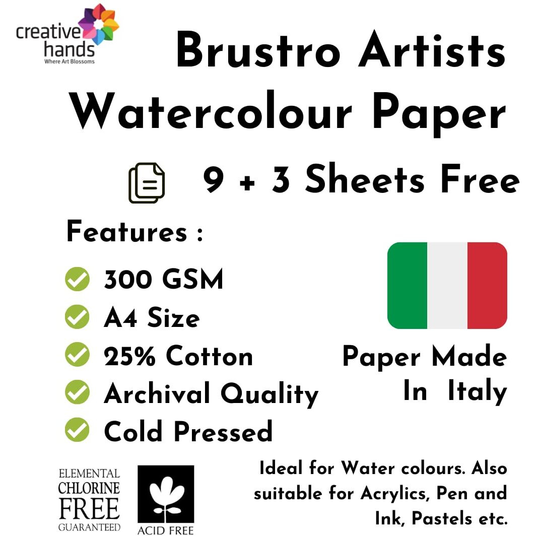 Brustro Artists Watercolour Paper | 300 Gsm, A4, 25% Cotton, Cold Pressed | Pack Of 12 Sheets | Ideal For Artist, Professional Drawing, Painting Dry & Wet, Fine Art, School, Students, Watercolor