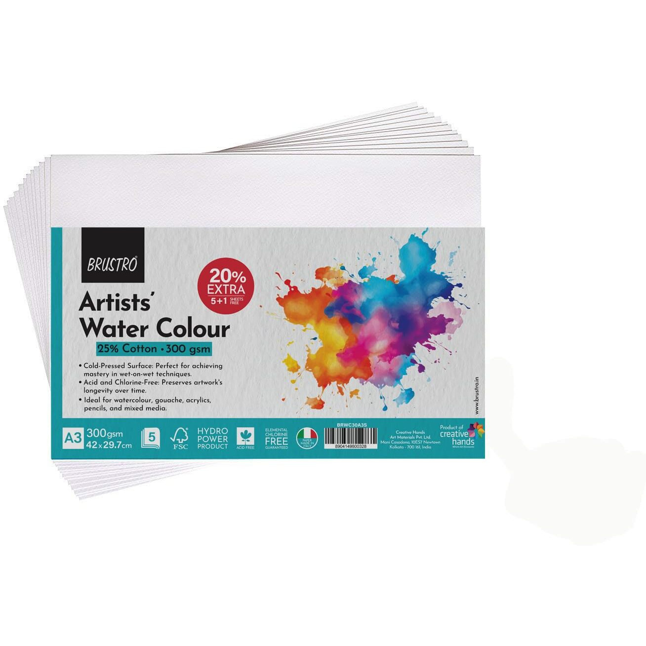 Brustro Artist's Watercolour Paper | 300 Gsm, A3, 25% Cotton, Cold Pressed | Pack Of 5+1 Sheets | Ideal For Professional Painting, Acrylic, Gouache. Dry & Wet, Fine Art Students.