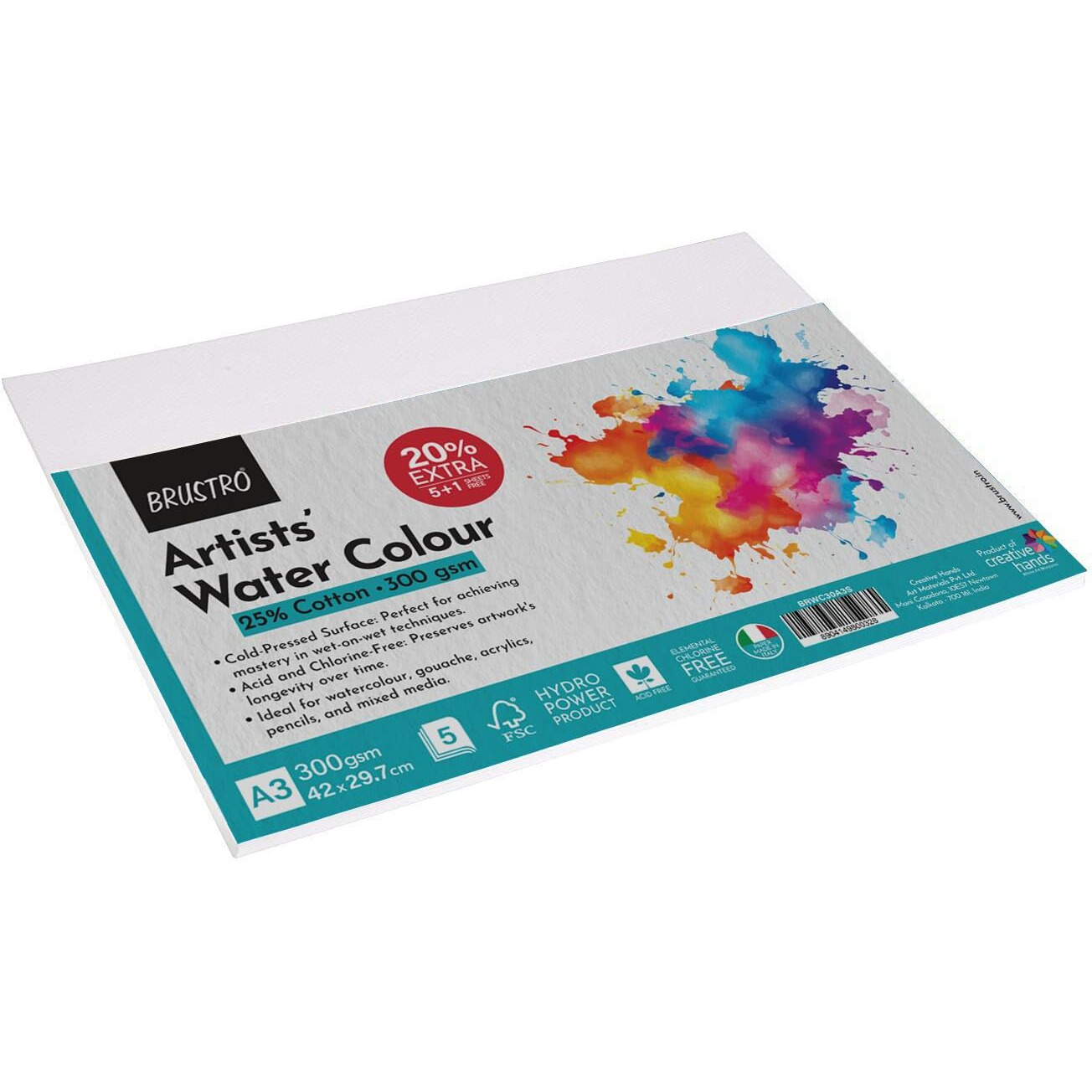 Brustro Artist's Watercolour Paper | 300 Gsm, A3, 25% Cotton, Cold Pressed | Pack Of 5+1 Sheets | Ideal For Professional Painting, Acrylic, Gouache. Dry & Wet, Fine Art Students.
