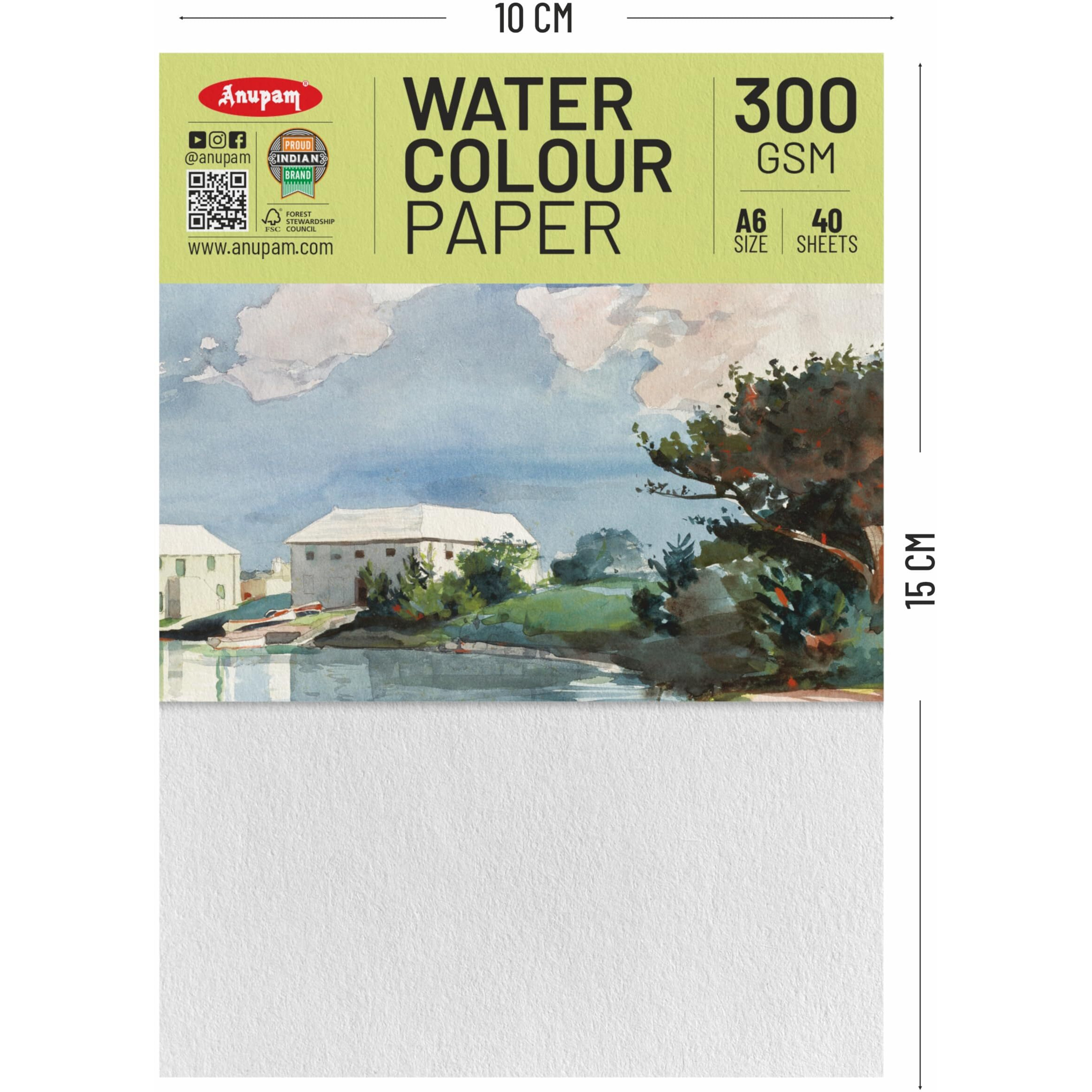 Anupam Professional Watercolour Paper | A6 (15X10Cm) 300 Gsm Cold Pressed Paper |Acid-Free 40 Sheets | Ideal For Artist, Professional Drawing, Painting Dry & Wet, Fine Art, School, Students