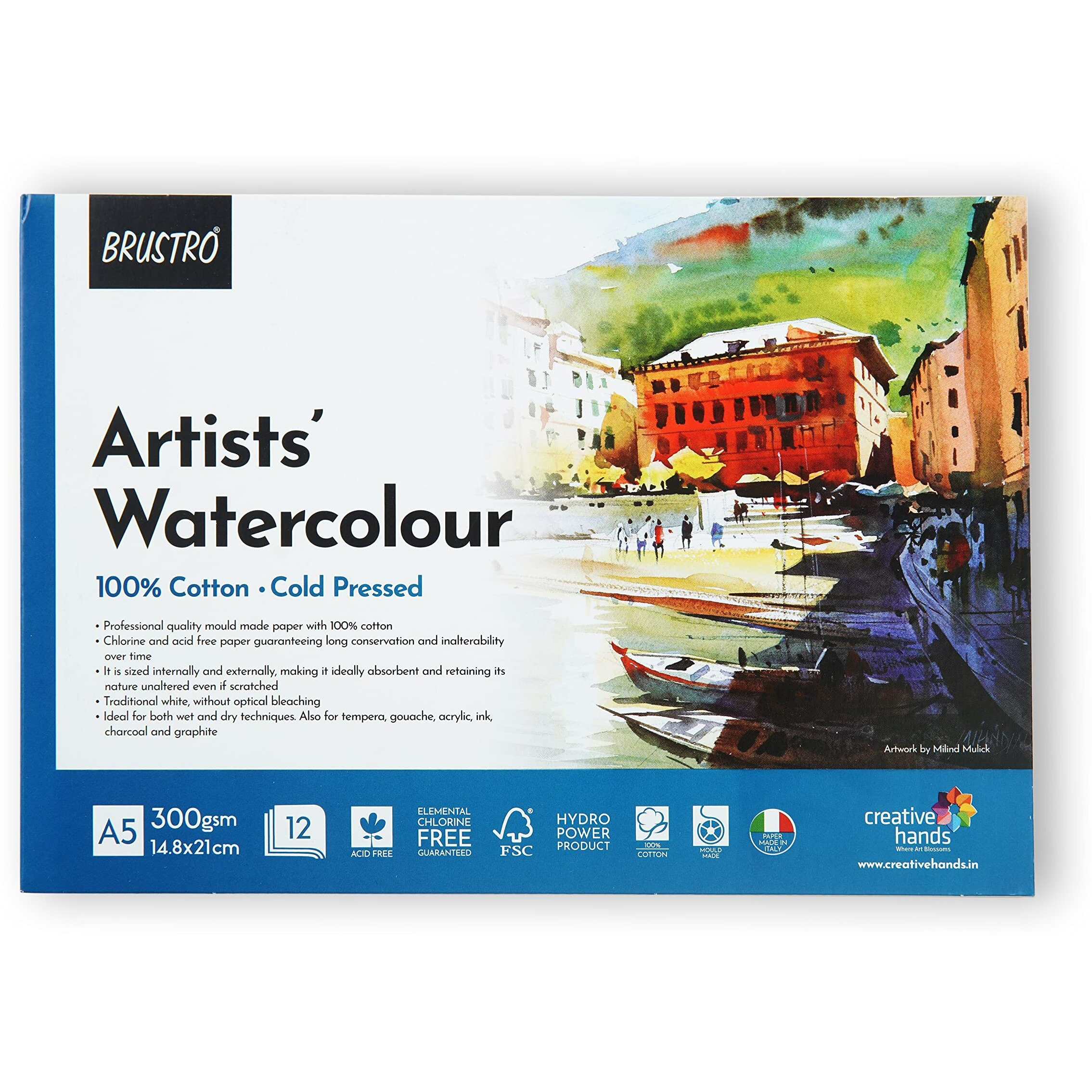Brustro Artists' Watercolour 100% Cotton 300Gsm Cold Pressed Paper Pad, 12 Sheets, Size- A5 | Ideal For Professional Drawing, Painting, Dry & Wet, Fine Art Students
