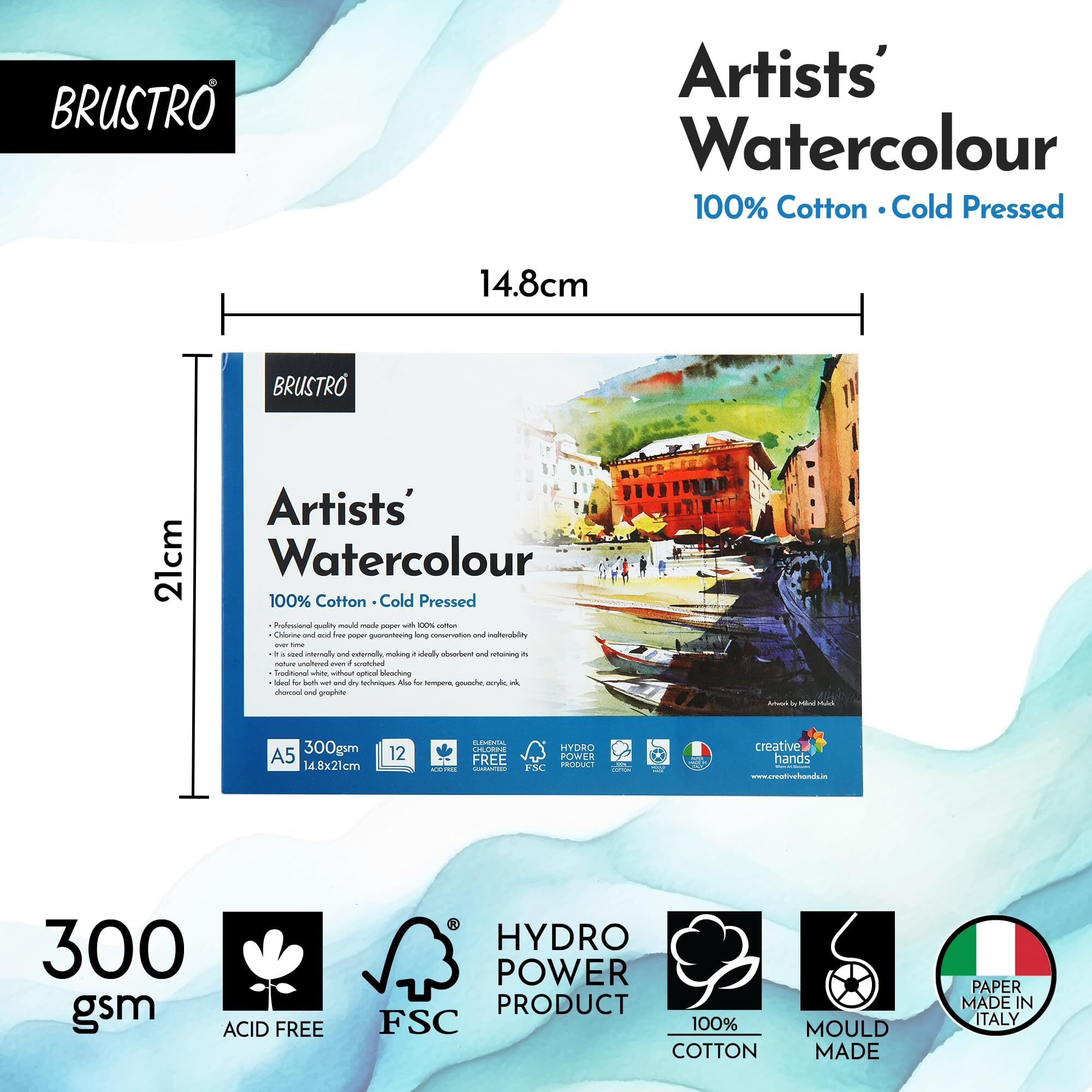 Brustro Artists' Watercolour 100% Cotton 300Gsm Cold Pressed Paper Pad, 12 Sheets, Size- A5 | Ideal For Professional Drawing, Painting, Dry & Wet, Fine Art Students