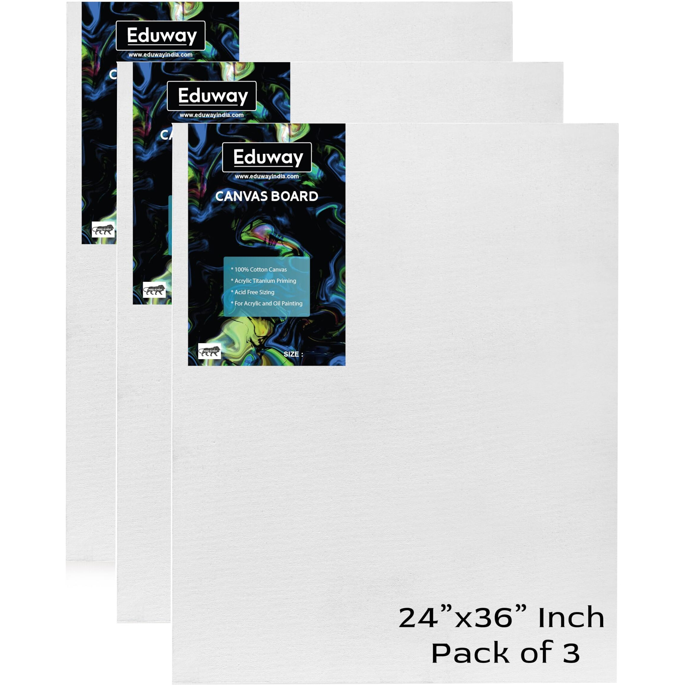 Eduway Canvas Board For Painting- (24X36) | Premium Quality 7Oz Pre-Primed Cotton Canvas Board For Artists & Beginners | Ideal For Acrylic, Oil, Gouache, Pastels Colors (Pack Of 3) (60X90 Cms)