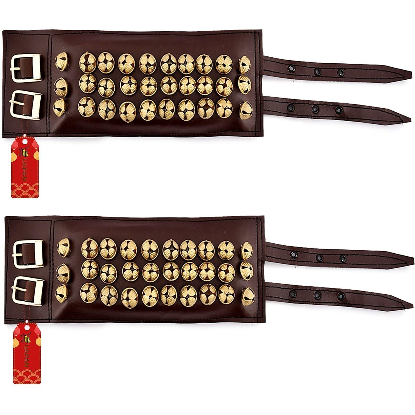 Uapan 3 Line Ankle Bells Leather Pad For Classical Bharatanatyam Kathak Dance With Adjustable Strap (Black/Brown Leather, Belt)