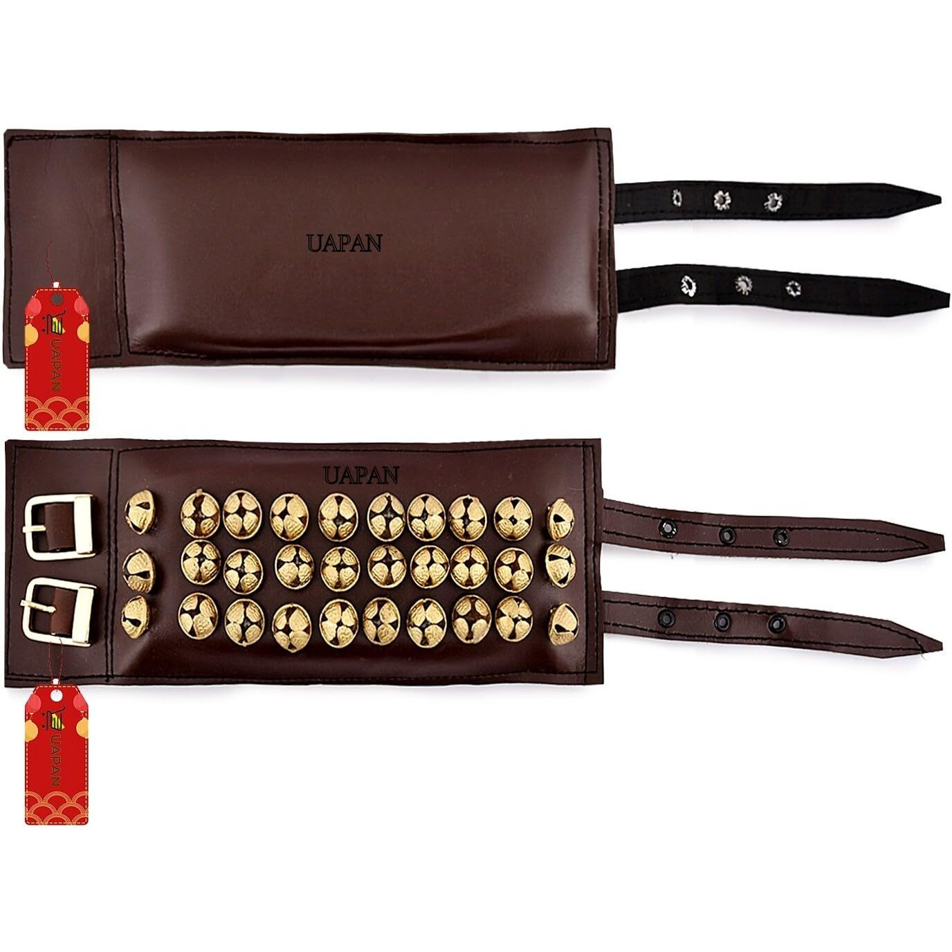 Uapan 3 Line Ankle Bells Leather Pad For Classical Bharatanatyam Kathak Dance With Adjustable Strap (Black/Brown Leather, Belt)