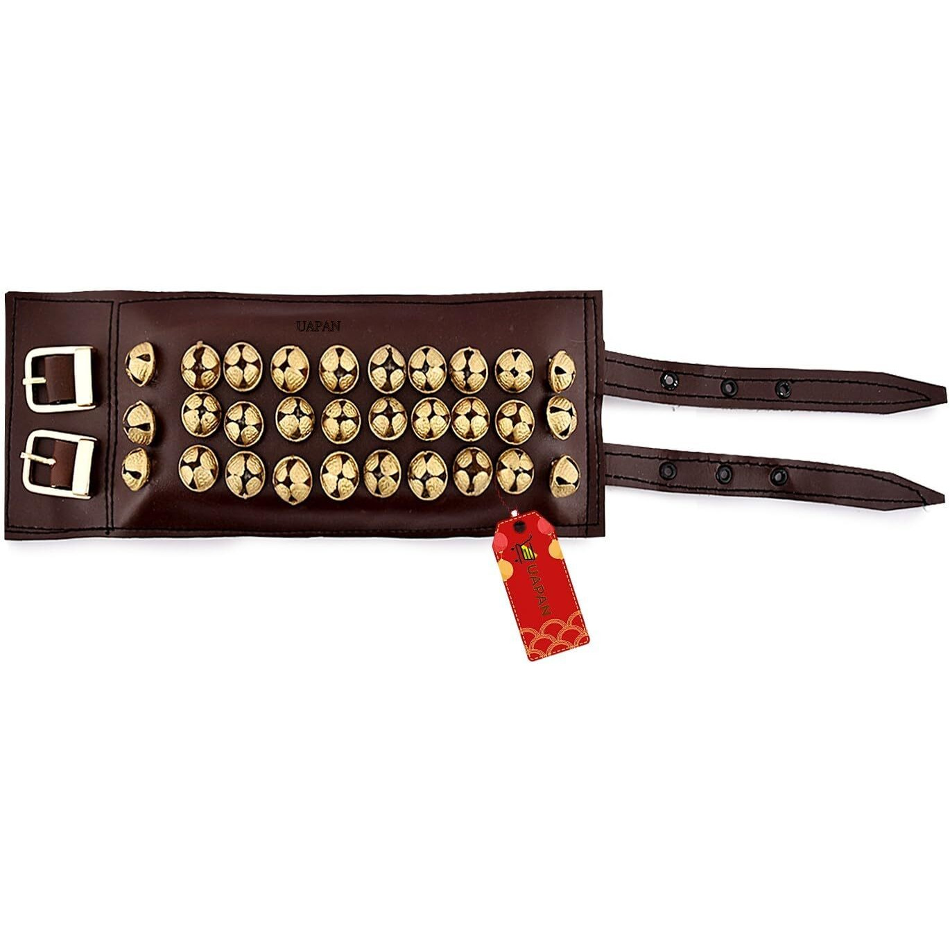 Uapan 3 Line Ankle Bells Leather Pad For Classical Bharatanatyam Kathak Dance With Adjustable Strap (Black/Brown Leather, Belt)