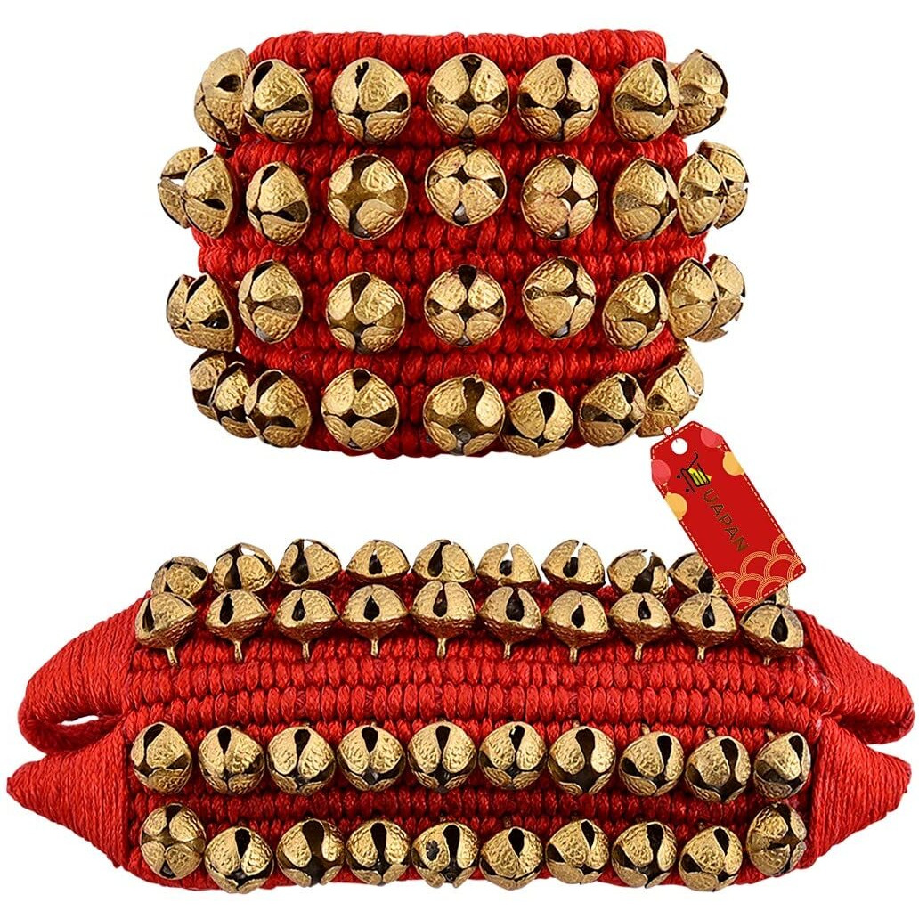 Uapan Brass Ghungroo Anklets Bells (4 Line Double String Pad, Red, Pair)