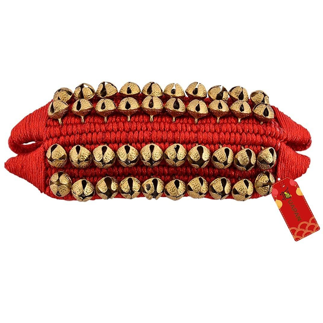Uapan Brass Ghungroo Anklets Bells (4 Line Double String Pad, Red, Pair)
