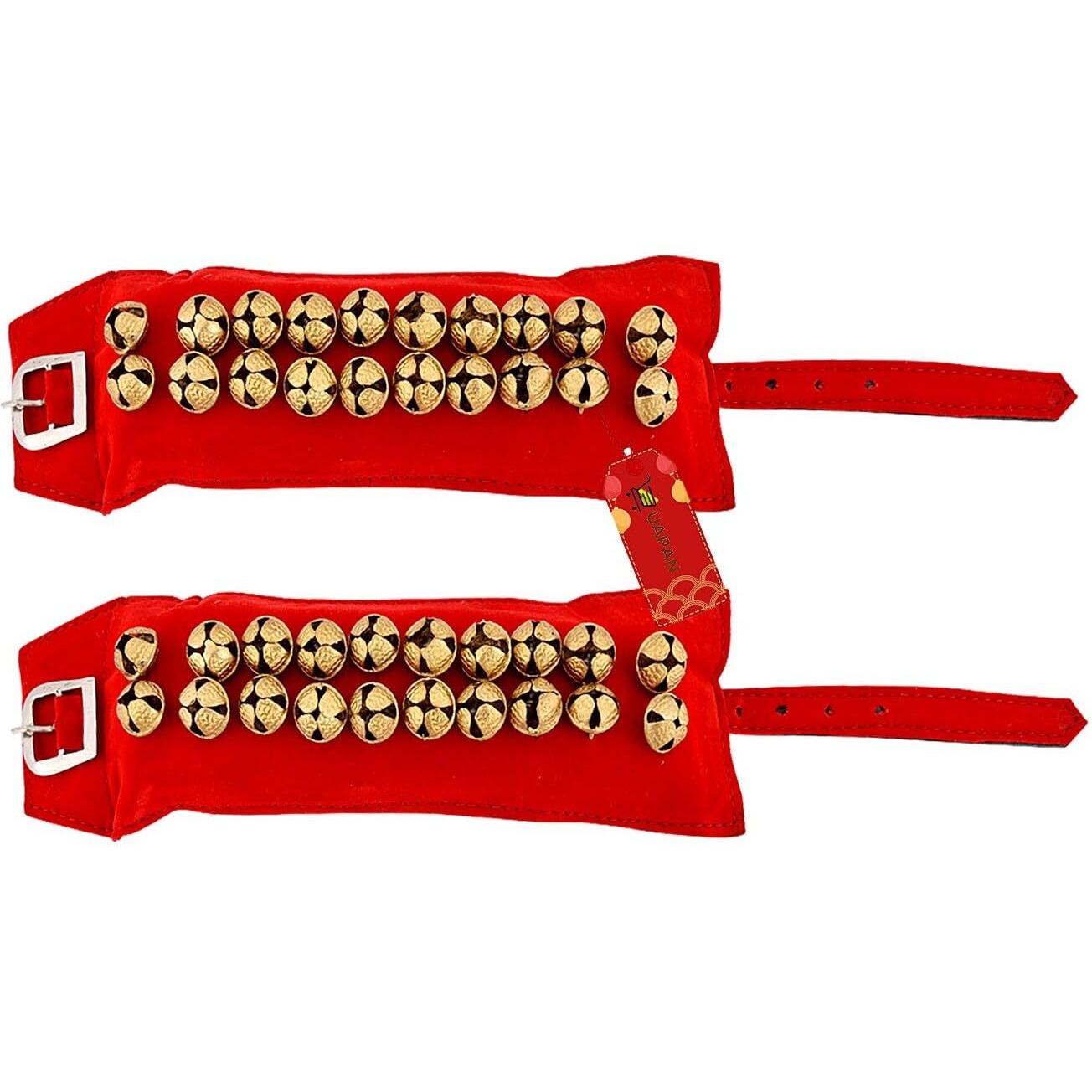 Uapan 2 Line Brass Ghungroo Ankle Bells Velvet Red Pad For Classical,Baratnatyam,Odissi,Kathak Dance With Adjustable Strap (Valvet, Belt)