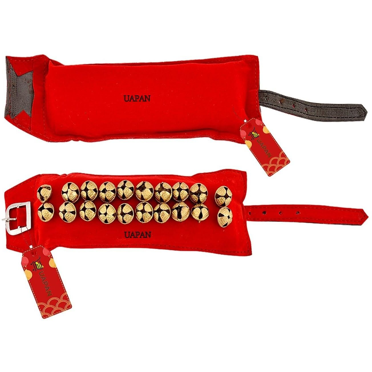 Uapan 2 Line Brass Ghungroo Ankle Bells Velvet Red Pad For Classical,Baratnatyam,Odissi,Kathak Dance With Adjustable Strap (Valvet, Belt)