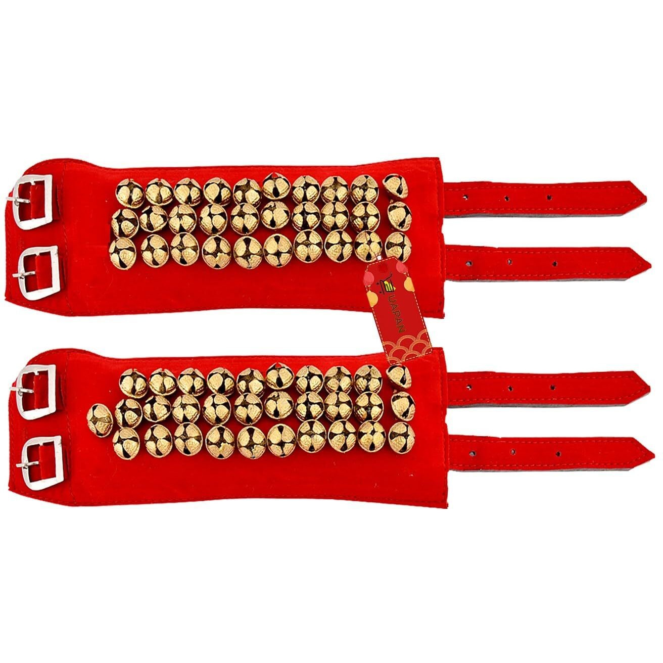Uapan 3 Line Ankle Bells Velvet Pad For Classical Bharatanatyam Kathak Dance With Adjustable Strap (Red Velvet Belt)