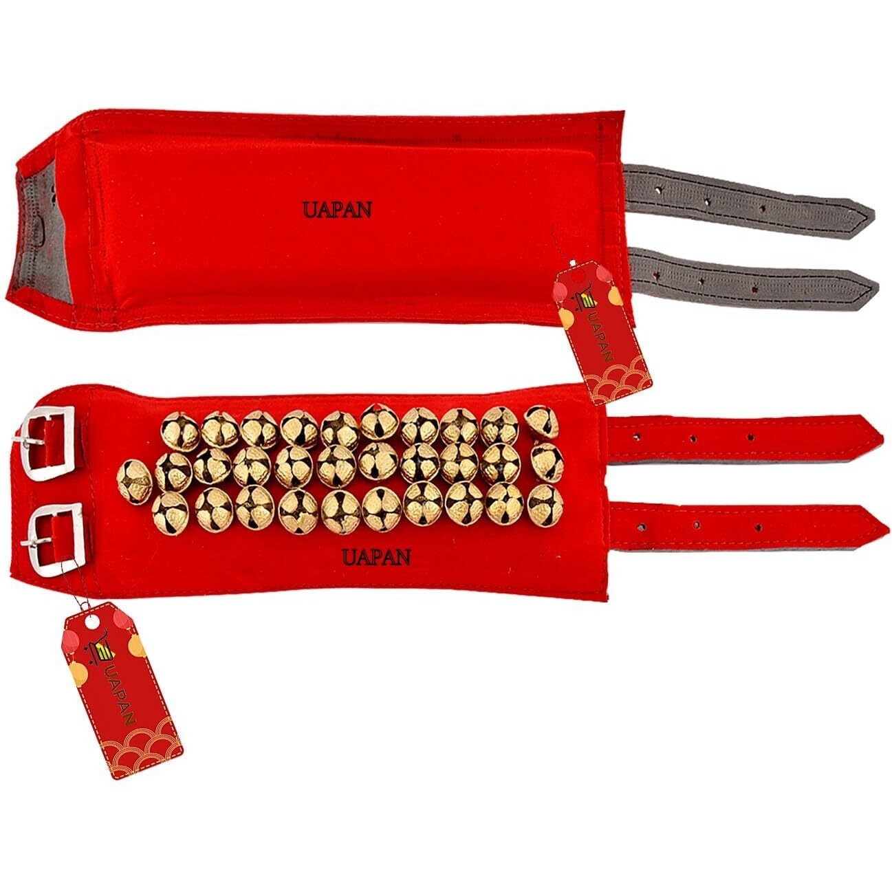 Uapan 3 Line Ankle Bells Velvet Pad For Classical Bharatanatyam Kathak Dance With Adjustable Strap (Red Velvet Belt)