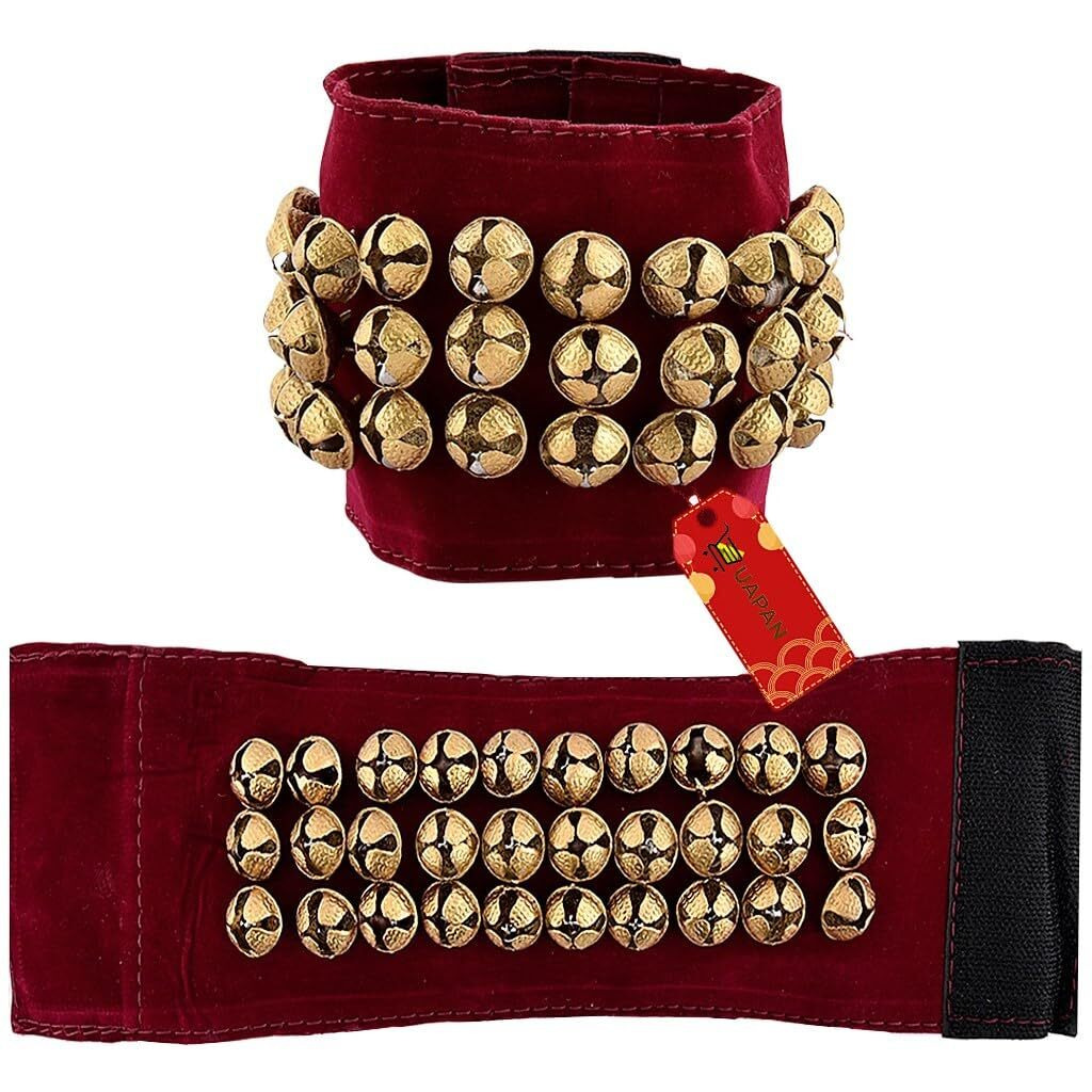 Uapan Brass Ghungroo Ankle Bells Velvet 3 Line Pad For Classical Kathak Dance With Adjustable Strap (Maroon,60 Bells)