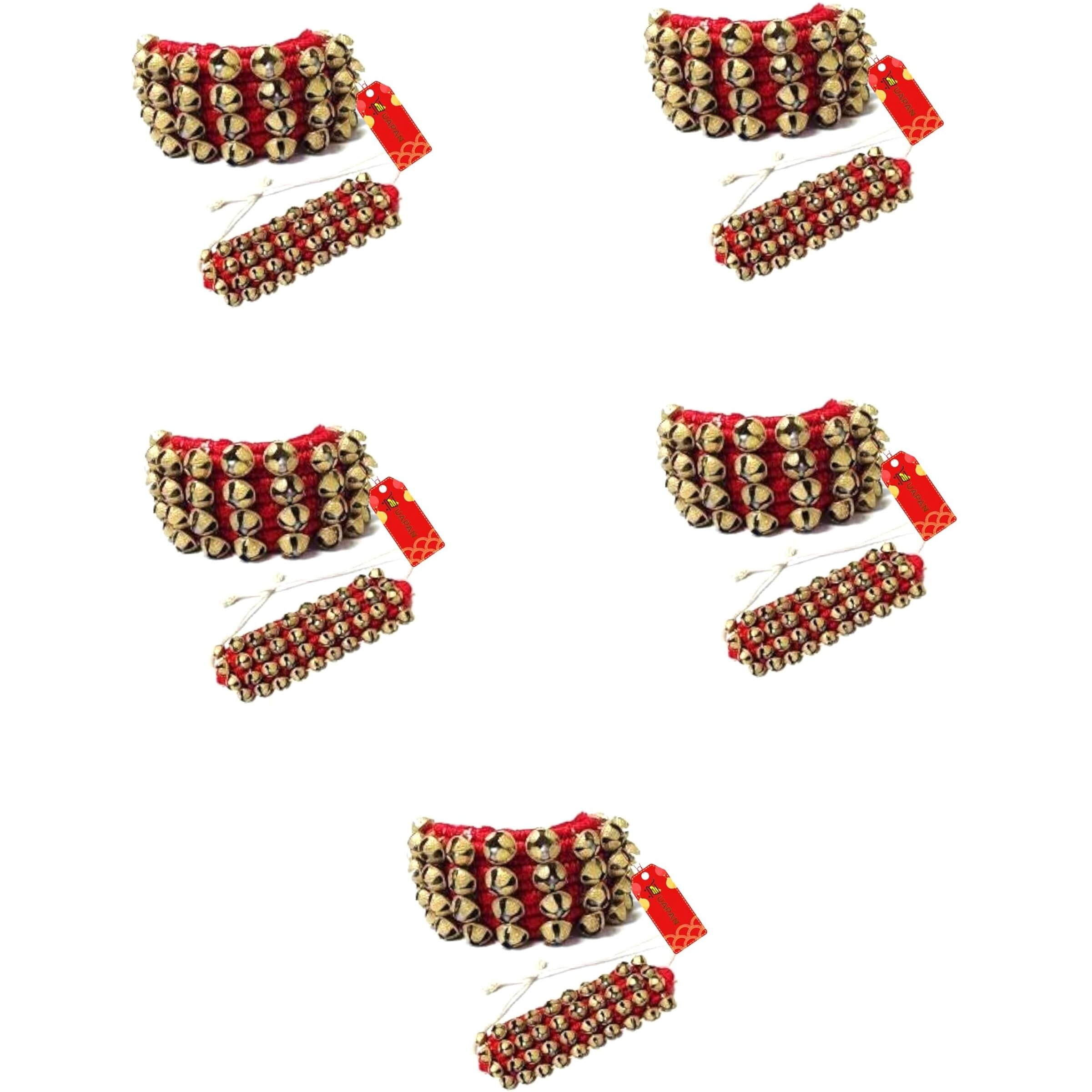 Uapan Brass Ghungroo Anklets Bells (4 Line Pad, Red, 5 Pair)