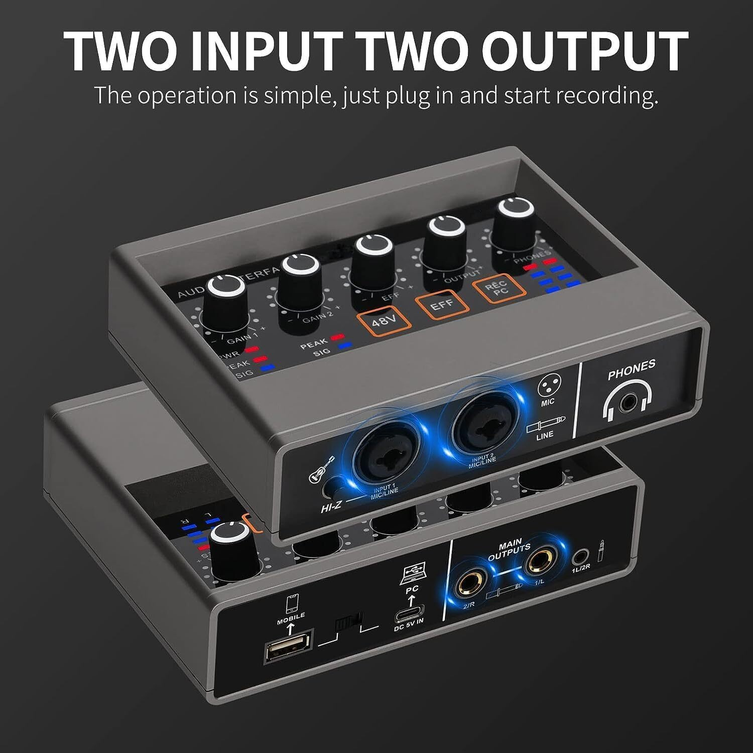 Digimore 2 Channel Audio Interface For Recording Studio | Sound Card With 48Khz/16Bit Usb-C, Built-In Monitor Jack, Dsp Effect, 48V Phantom Power Use For Singing, Streaming, Podcasting (D-920)