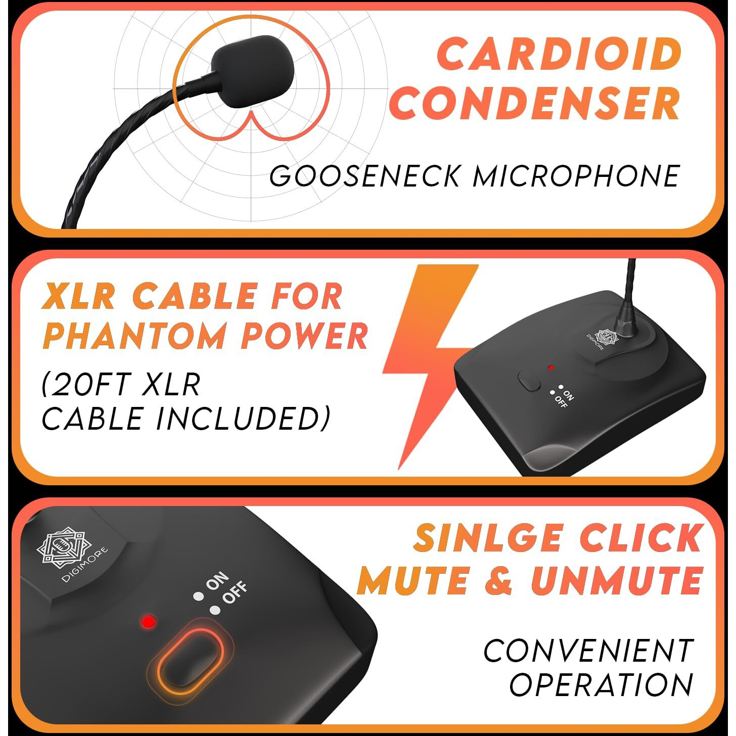 Digimore Desktop Condenser Gooseneck Microphone 18" Podium Microphone With On/Off Switch, Xlr Mic For Meetings Video Conferences, Streaming Lectures (D-650)