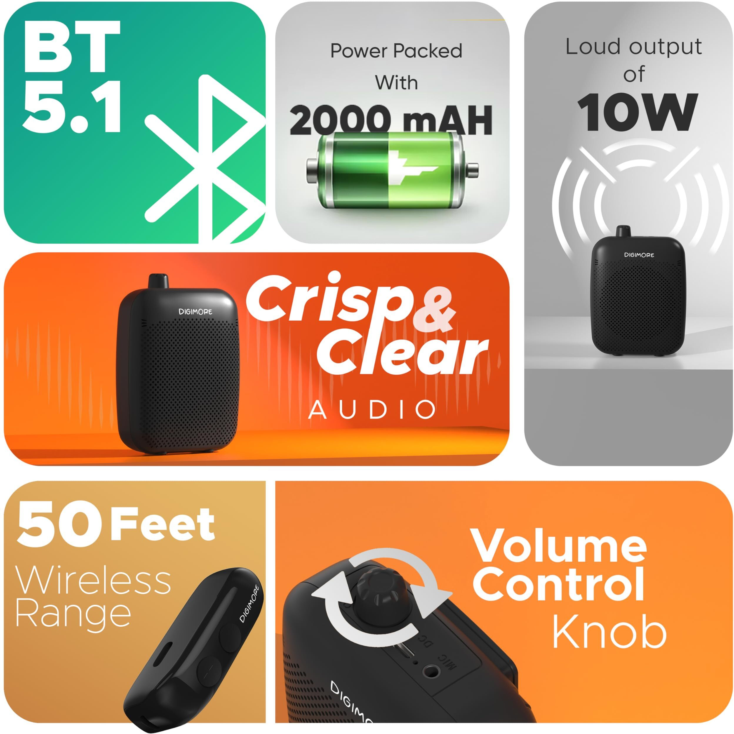 Digimore Wireless Voice Amplifier For Teachers With Bluetooth | 10-Hr Battery | 10W Speaker | Wireless Headset Mic For Tour Guides, Teaching Mic, Factory Visits & Pa System (D-1200 Wl)