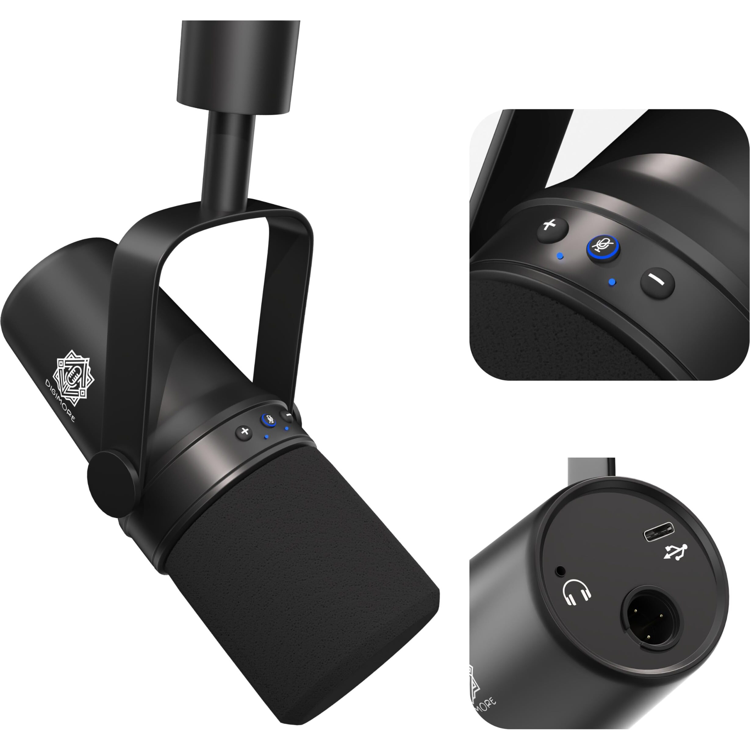 Digimore Dynamic Podcast Microphone | Usb/Xlr Microphone Kit For Streaming & Gaming | 24-Bit/192Khz Chip | Built-In Headphone Output | Mute Button, Gain Button (D-490)