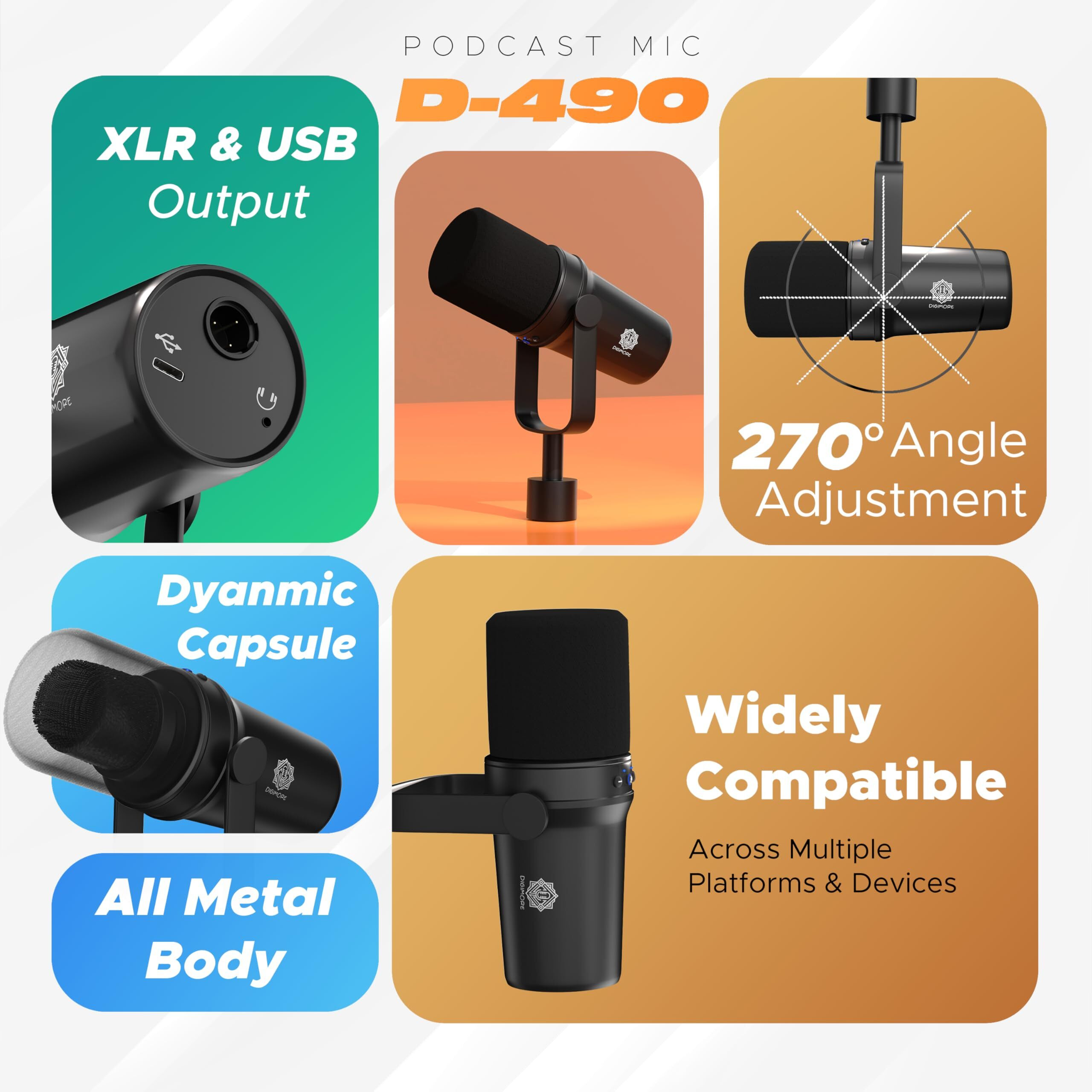 Digimore Dynamic Podcast Microphone | Usb/Xlr Microphone Kit For Streaming & Gaming | 24-Bit/192Khz Chip | Built-In Headphone Output | Mute Button, Gain Button (D-490)
