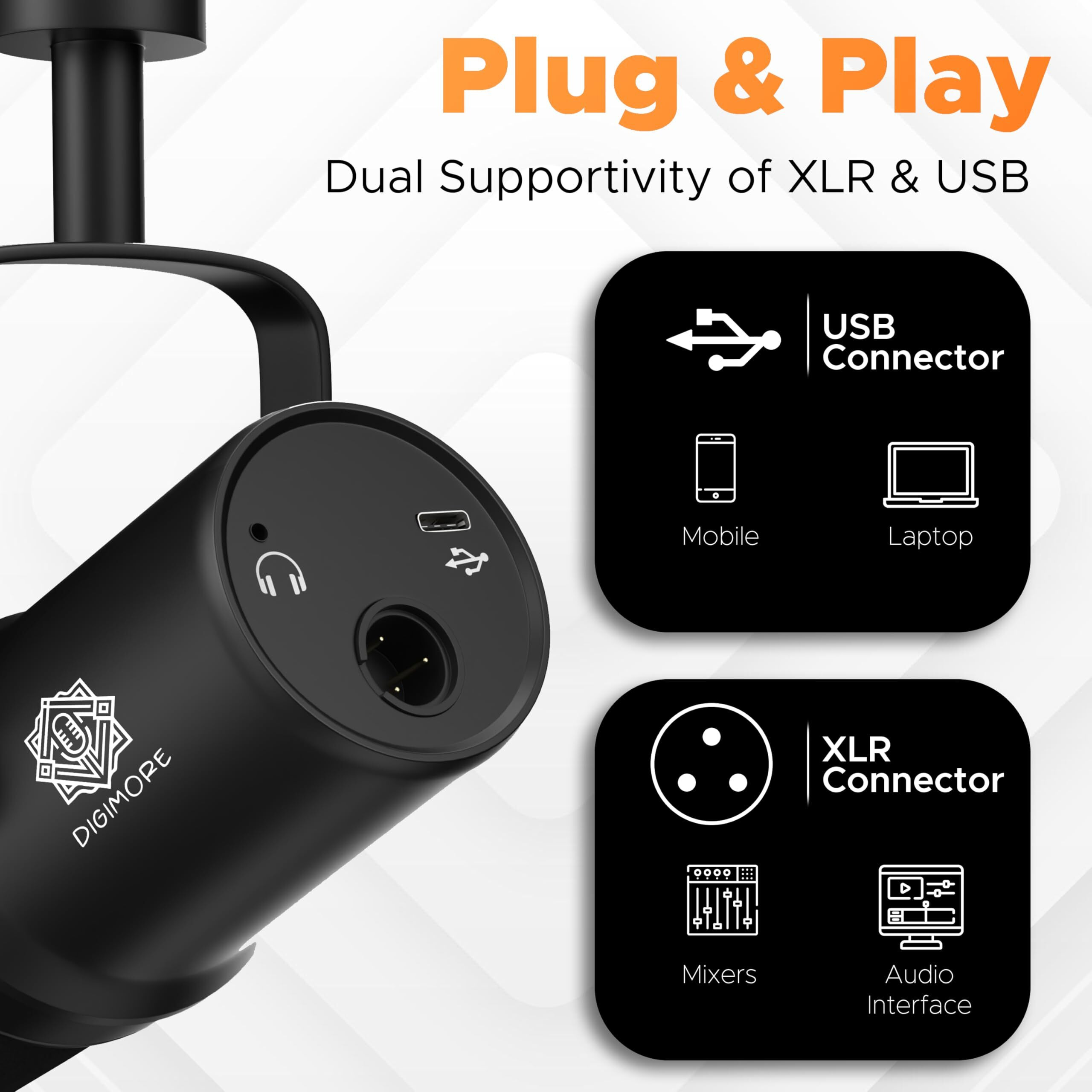 Digimore Dynamic Podcast Microphone | Usb/Xlr Microphone Kit For Streaming & Gaming | 24-Bit/192Khz Chip | Built-In Headphone Output | Mute Button, Gain Button (D-490)