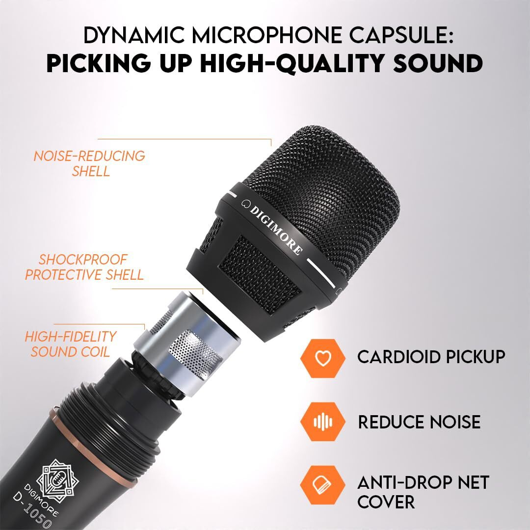 Digimore Professional Xlr Dynamic Microphone | Cardioid Pickup | Anti-Shock Metal Capsule | 20Ft Xlr Cable & Mic Holder | Ideal For Singing, Karaoke, Recording, Dj & Live Performances (D-1050)